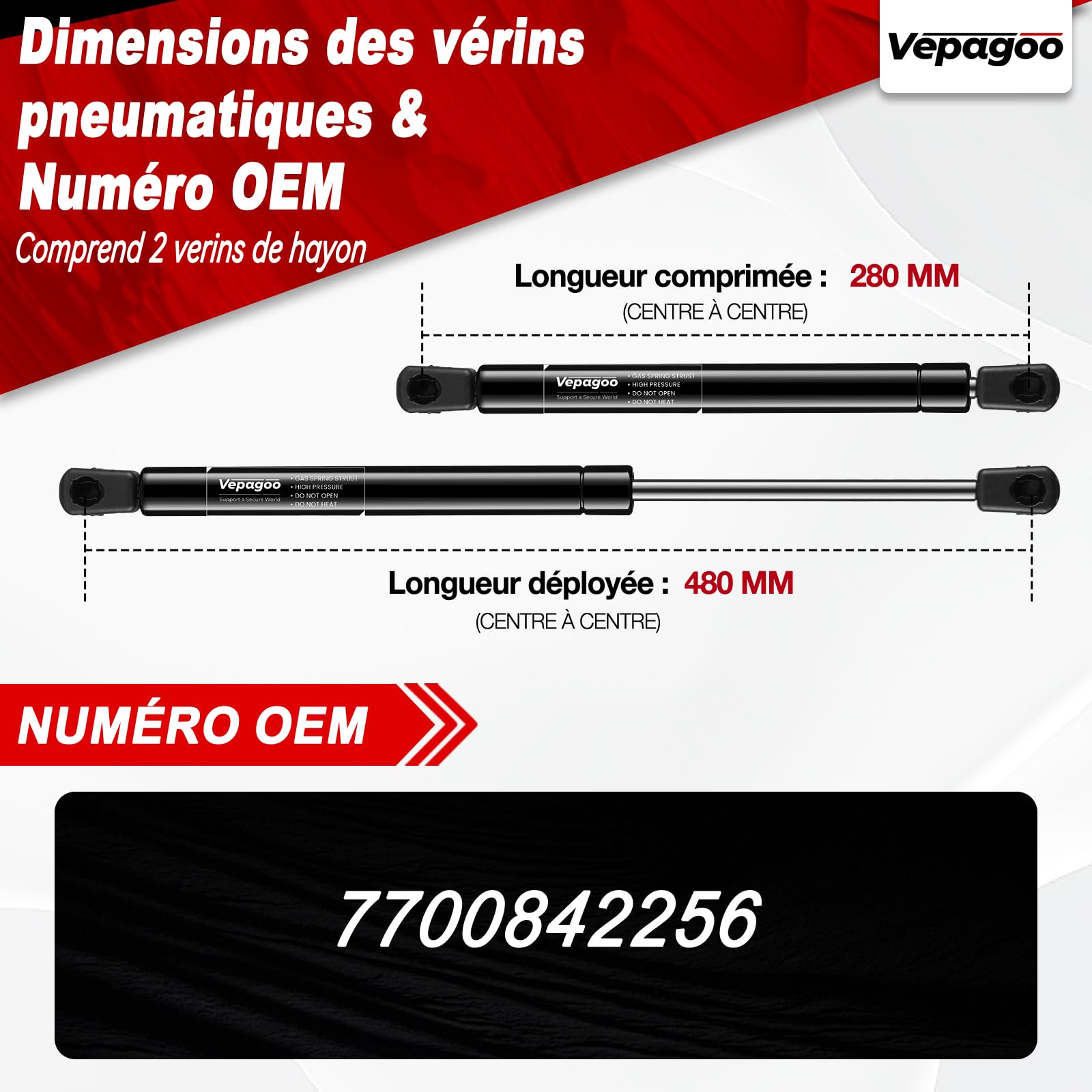 Vepagoo 2x Verins de Coffre pour Clio II BB CB Tous Moteurs Hatchback (1998-2005) – Vérin de Hayon Compatible, Remplacer #7700842256