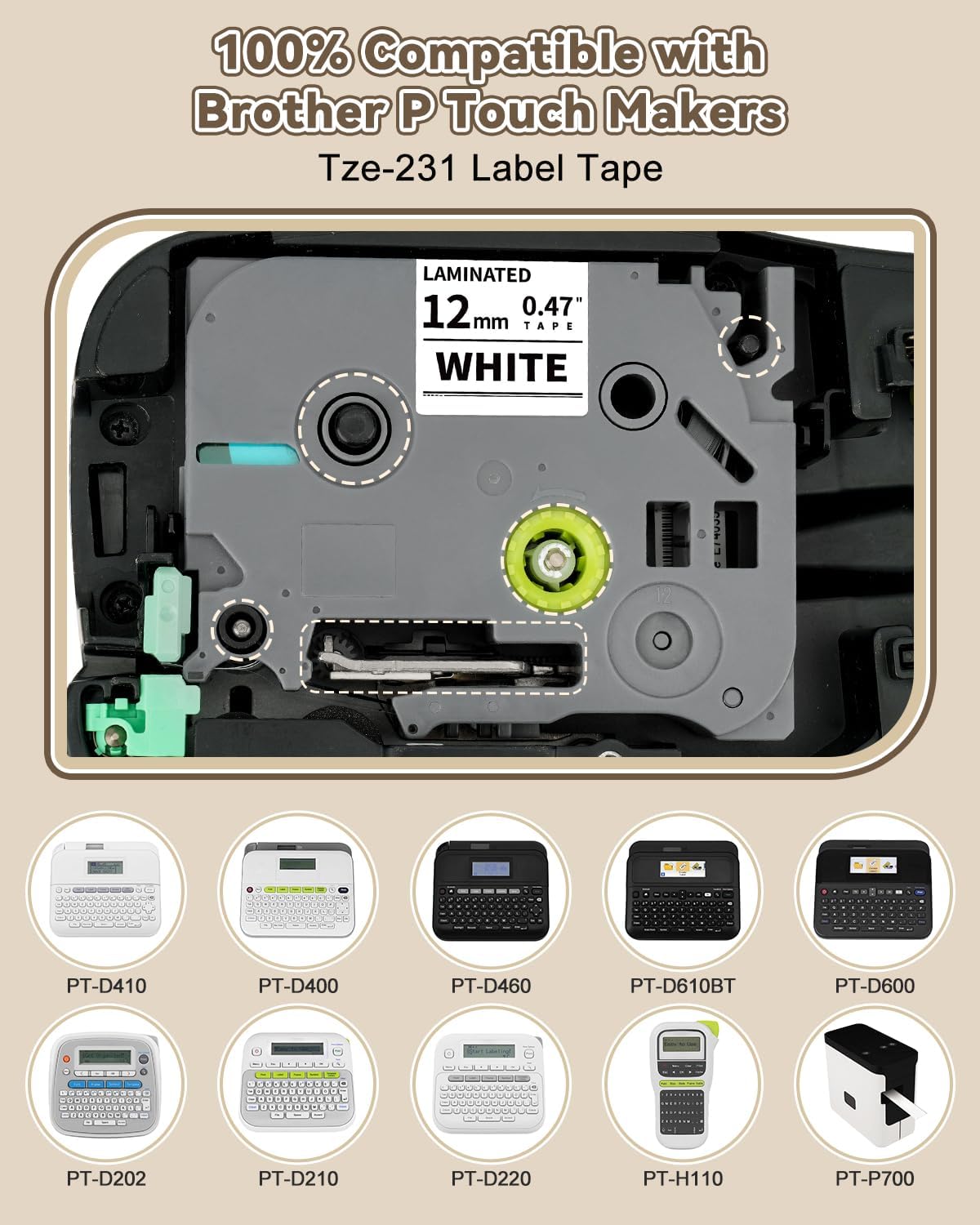 6-Pack TZe-231 TZ Tape 12mm 0.47" Laminated White P Touch Label Compatible for Brother P Touch Label Maker Tape for PTouch Label Maker PTD210 H110 D220 D600 D400 D410 2040, Black on White - Image 3