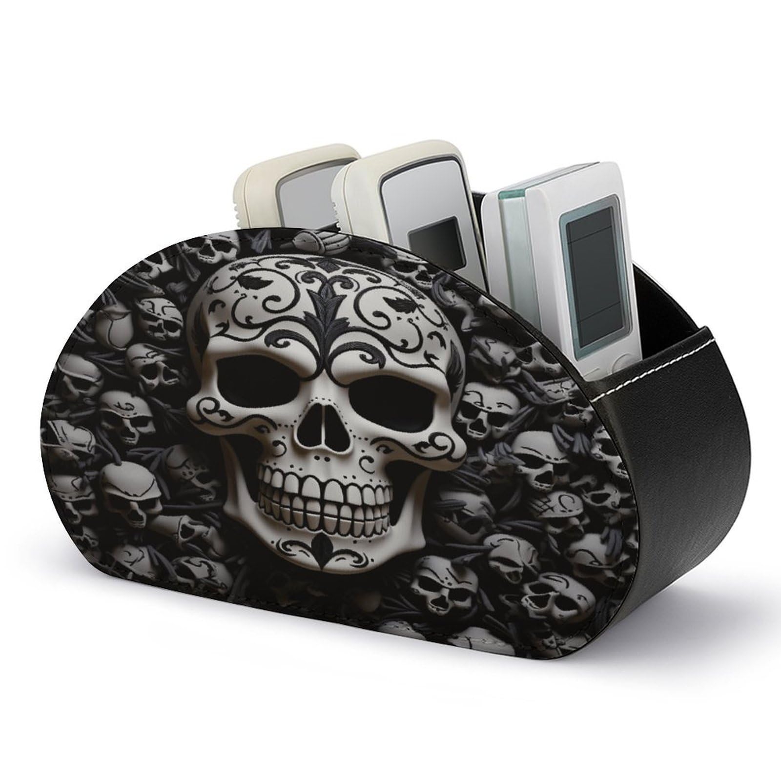 FodPand Black And White Skulls Remote Control Holders PU Leather Remote Caddy Desktop Organizer with 5 Compartments TV Remote Holder Box Tray for Bedside Table Office Desk Accessories&Gift