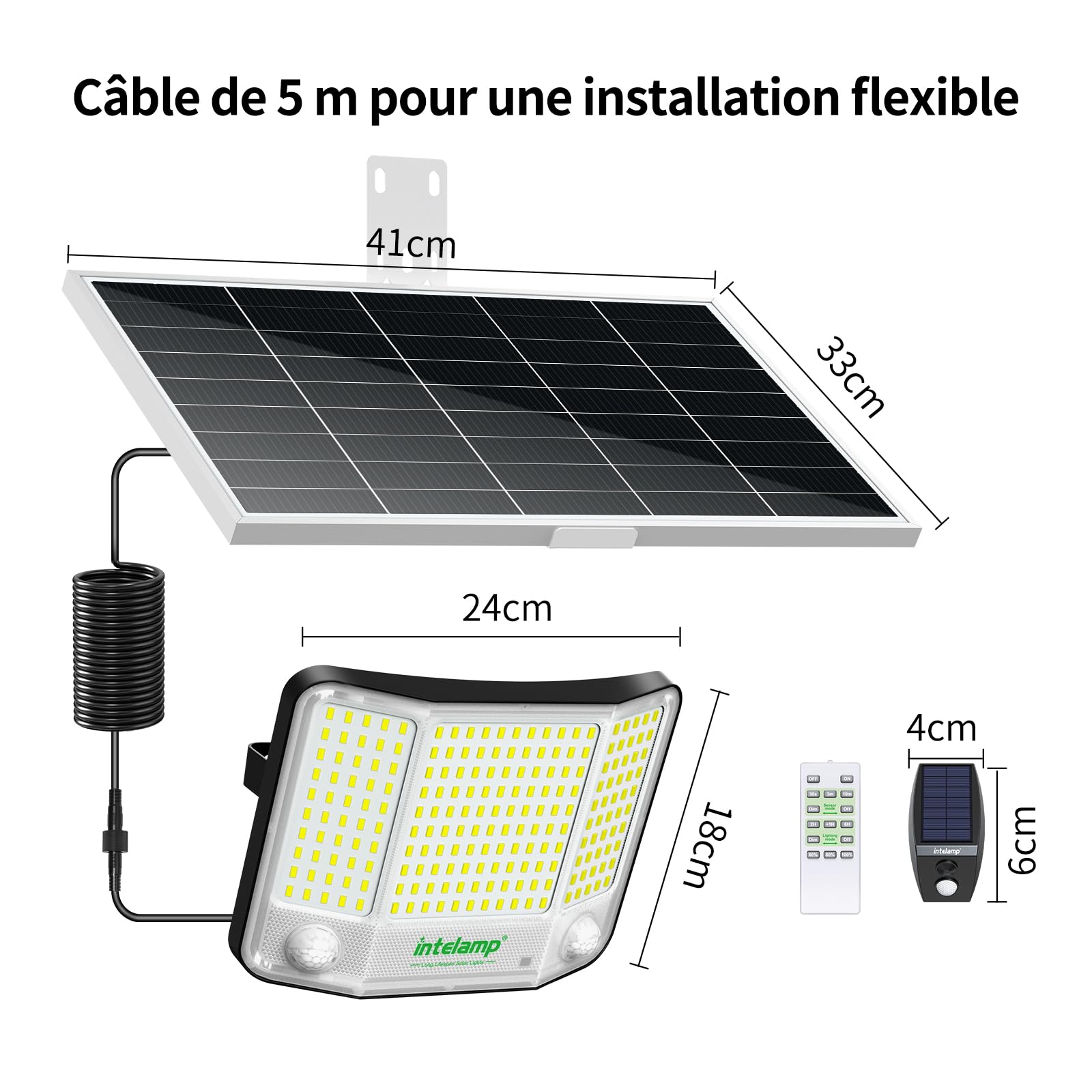 intelamp Solarleuchte für den Außenbereich, Bewegungsmelder mit Fernbedienung | 20.000 mAh, 4000 lm, Solarstrahler, IP65, wasserdicht, Außenbeleuchtung, mit 5 m Kabel, für Garten, Garage, Hof
