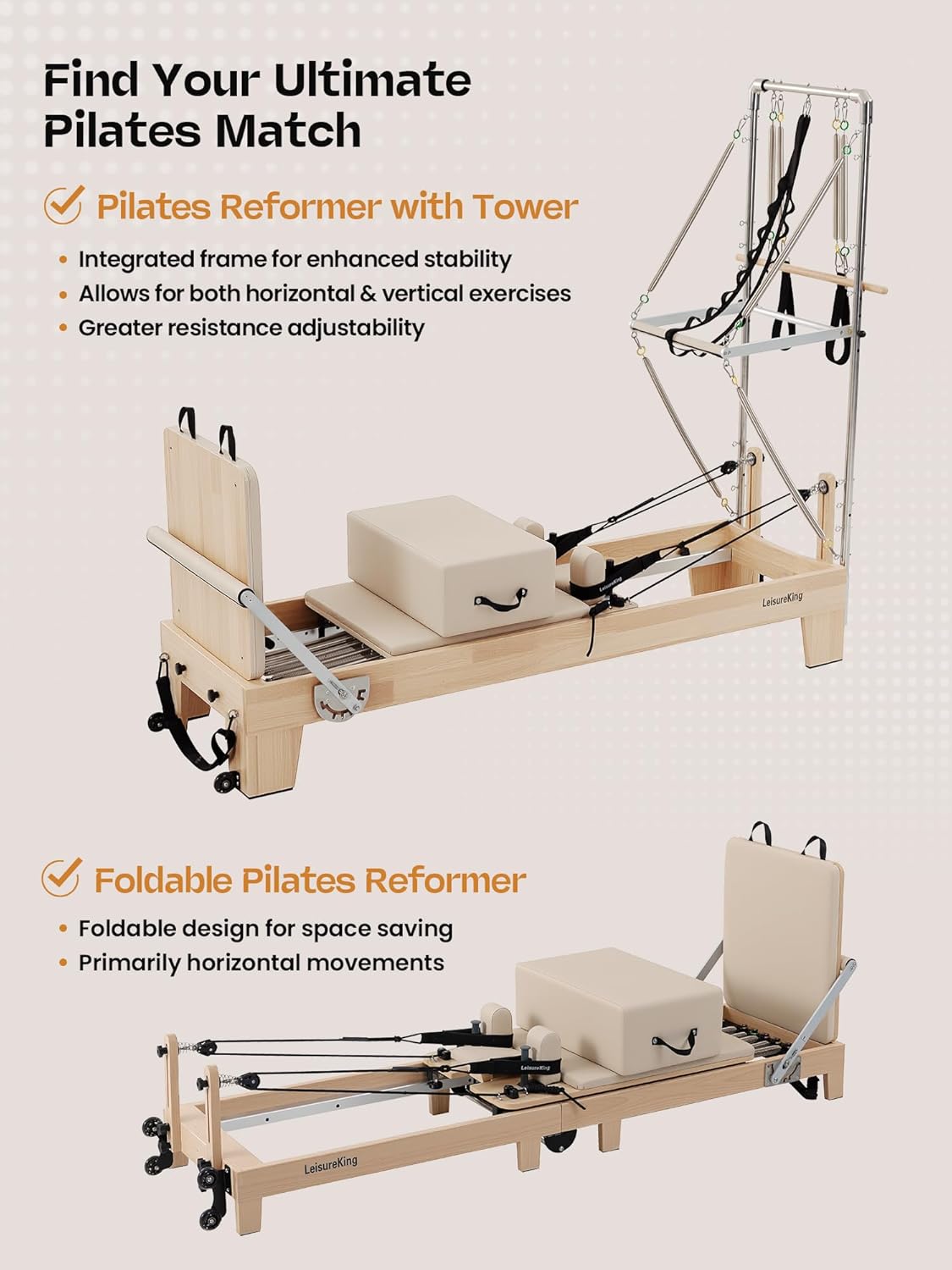 LeisureKing Pilates Reformer Machine, Quick-Assembly Studio Grade Pilates Equipment for Gym and Home, Oak Wood Pilates Reformer with Reformer Accessories