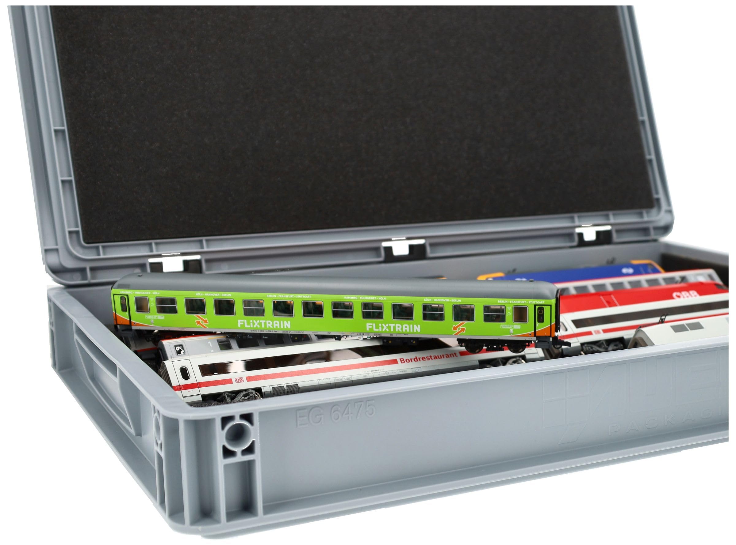 Feldherr H0 Model Railway 3-in-1 System - 60x40 Eurobox with V-Shaped Train Tray for Storage, Display & Transport - Made in Germany