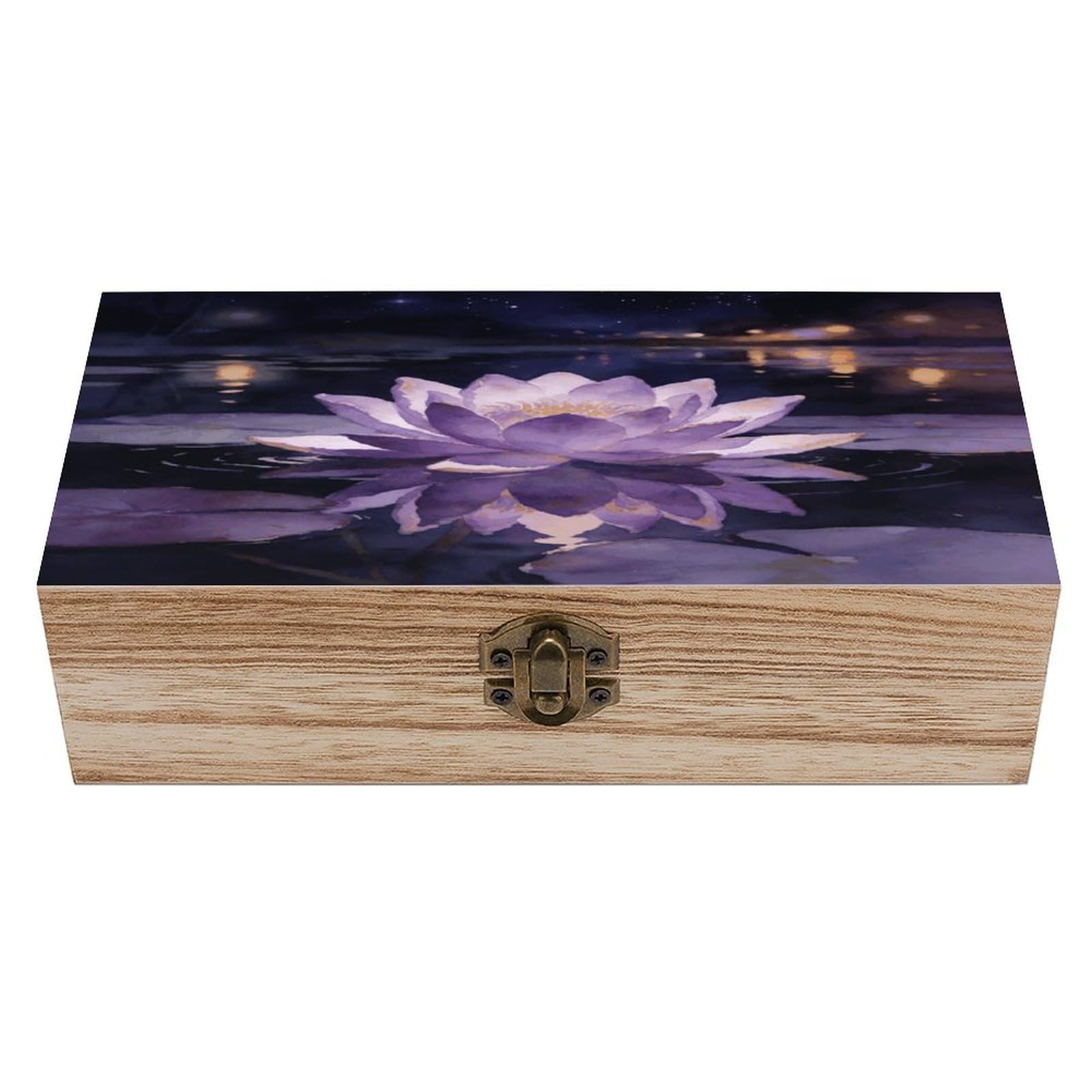 LZQPOEAS Night Lotus Gazing at Stars Wooden Keepsake Box Wooden Storage Box Container with Hinged Lid Beautiful Wood Memory Box Decorative Jewelry Case for Crafts Art Hobbies & Trinket Storage