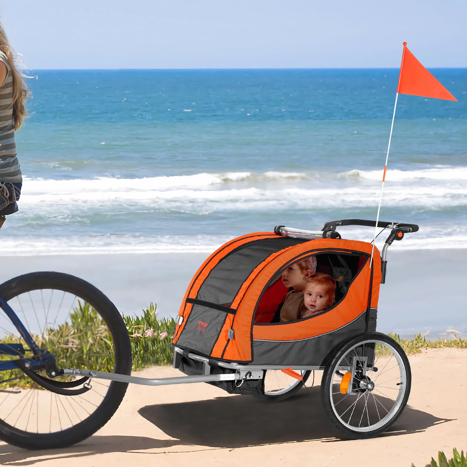 VEVOR Remorque de vélo pour Enfants, siège Double, Charge 40 kg, Porte-auvent 2en1 transformant en Poussette, remorque de vélo Pliable pour Tout-Petits avec attelage de vélo Universel, Orange Gris