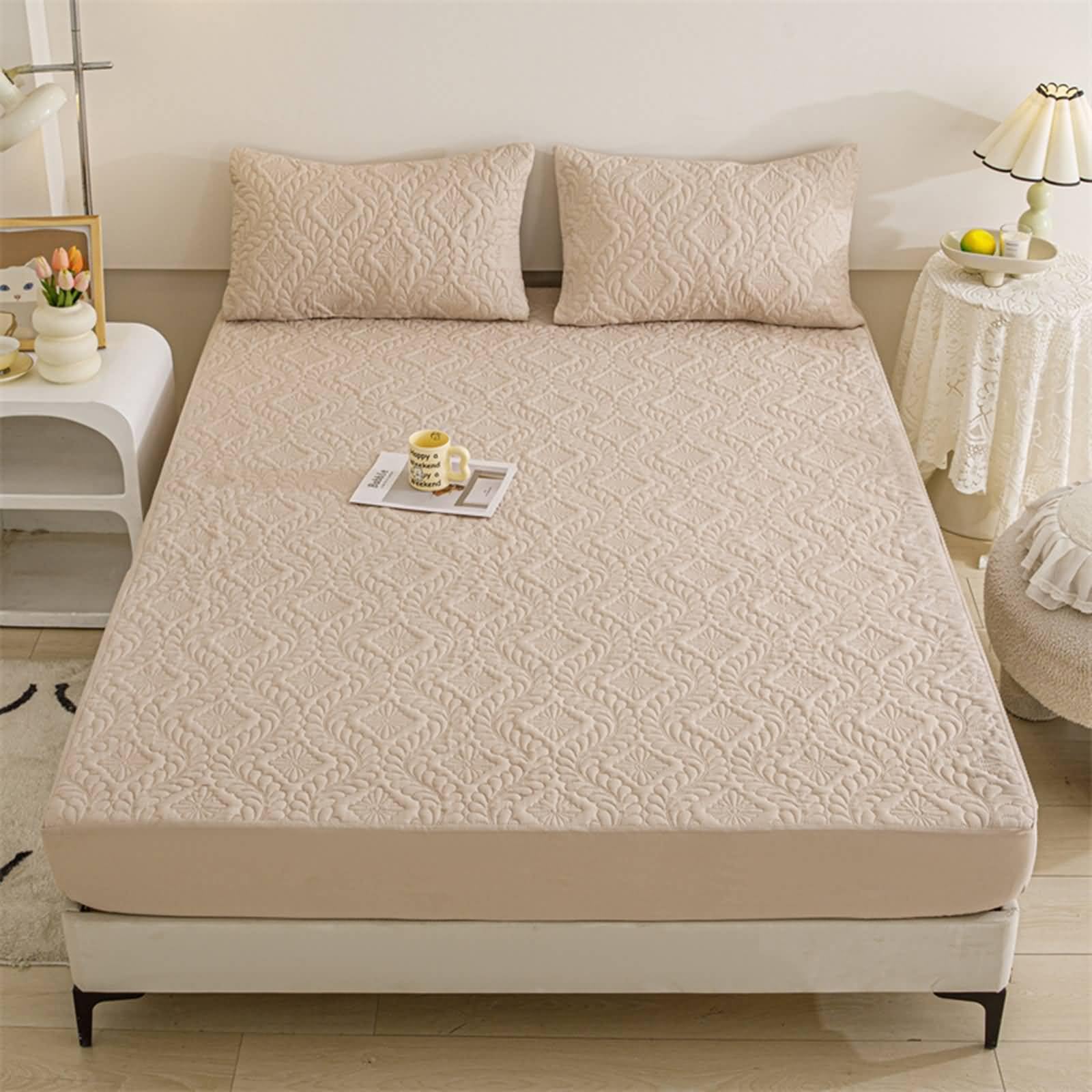 Zestaw 3 pościeli z gumką z poliestru i bawełny, jednolity kolor z kwiatowym wzorem, 200 x 220 cm + 2 poszewki na poduszki, prześcieradło z gumką w kolorze jasno khaki