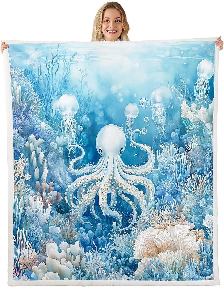 Erosebridal Octopus Plush Sherpa Blanket Ocean Animals Theme Underwater World Coral Fleece Throw Blanket Warm Plush Queen 90"x90", for Kids Boys Girls Adults 3D Printed