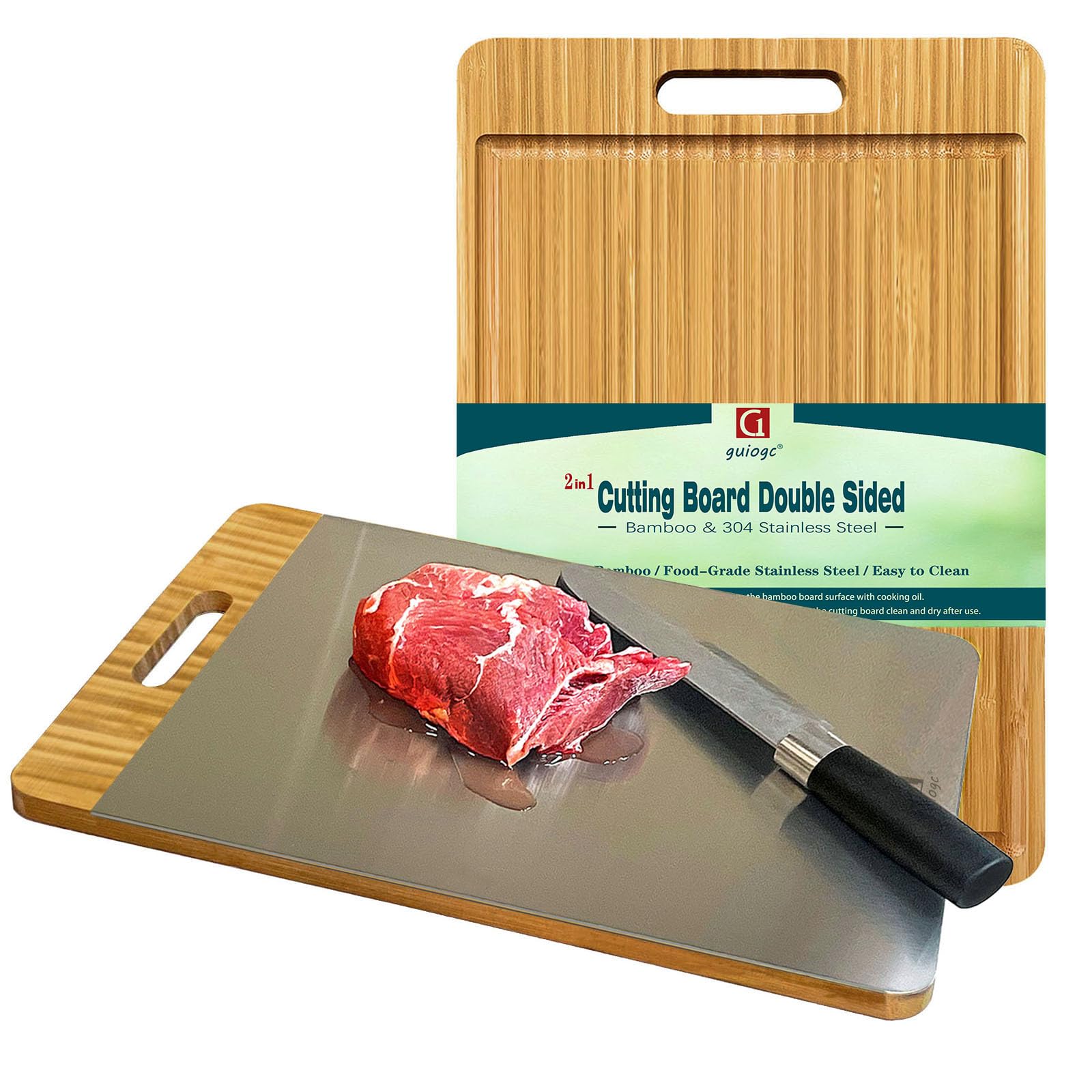 Stainless Steel Cutting Board, Cutting Board Double Sided, Natural Bamboo and 304 Stainless Steel, Size 15.5”×11”