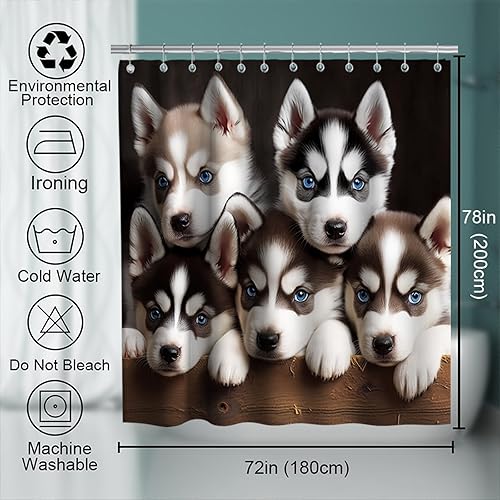 Miniatura 4 de Bonita cortina de ducha de perro, divertida y encantadora mascota, diseño de perros Husky y cachorros, tela de tela para baño, juego de decoración