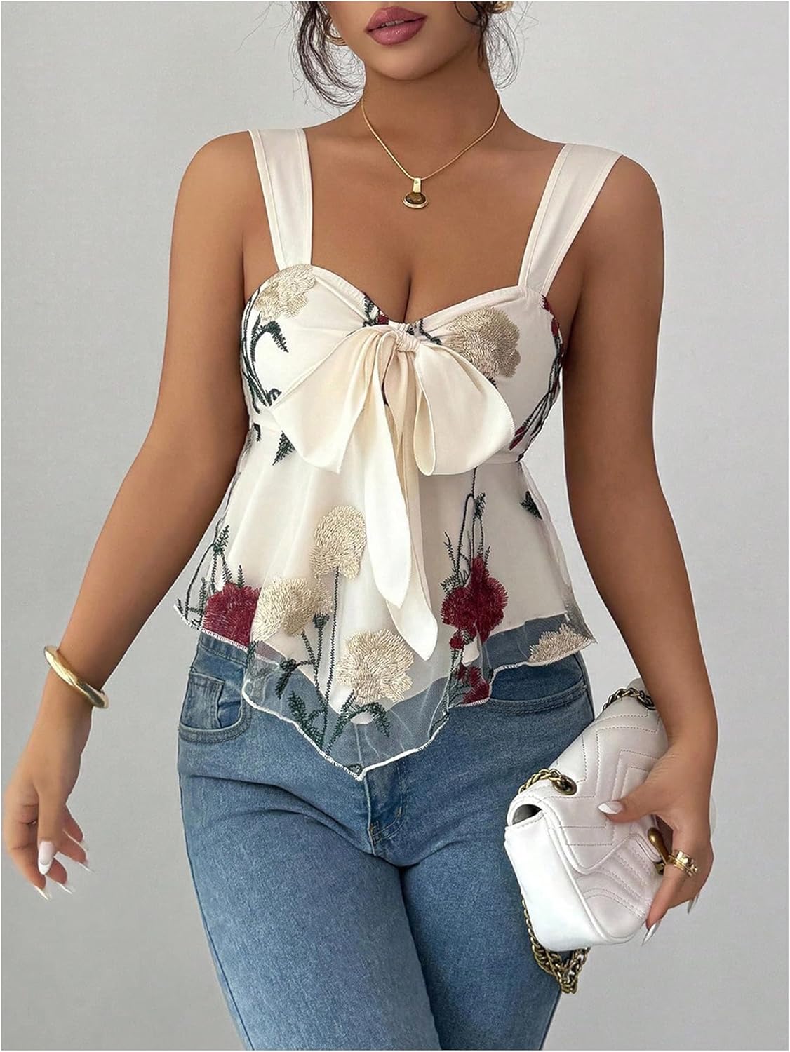 SHENHE Women's Dressy Peplum Tank Floral Embroidered Sweetheart Neck Tie Bow Ruffle Smocked Top - Image 3