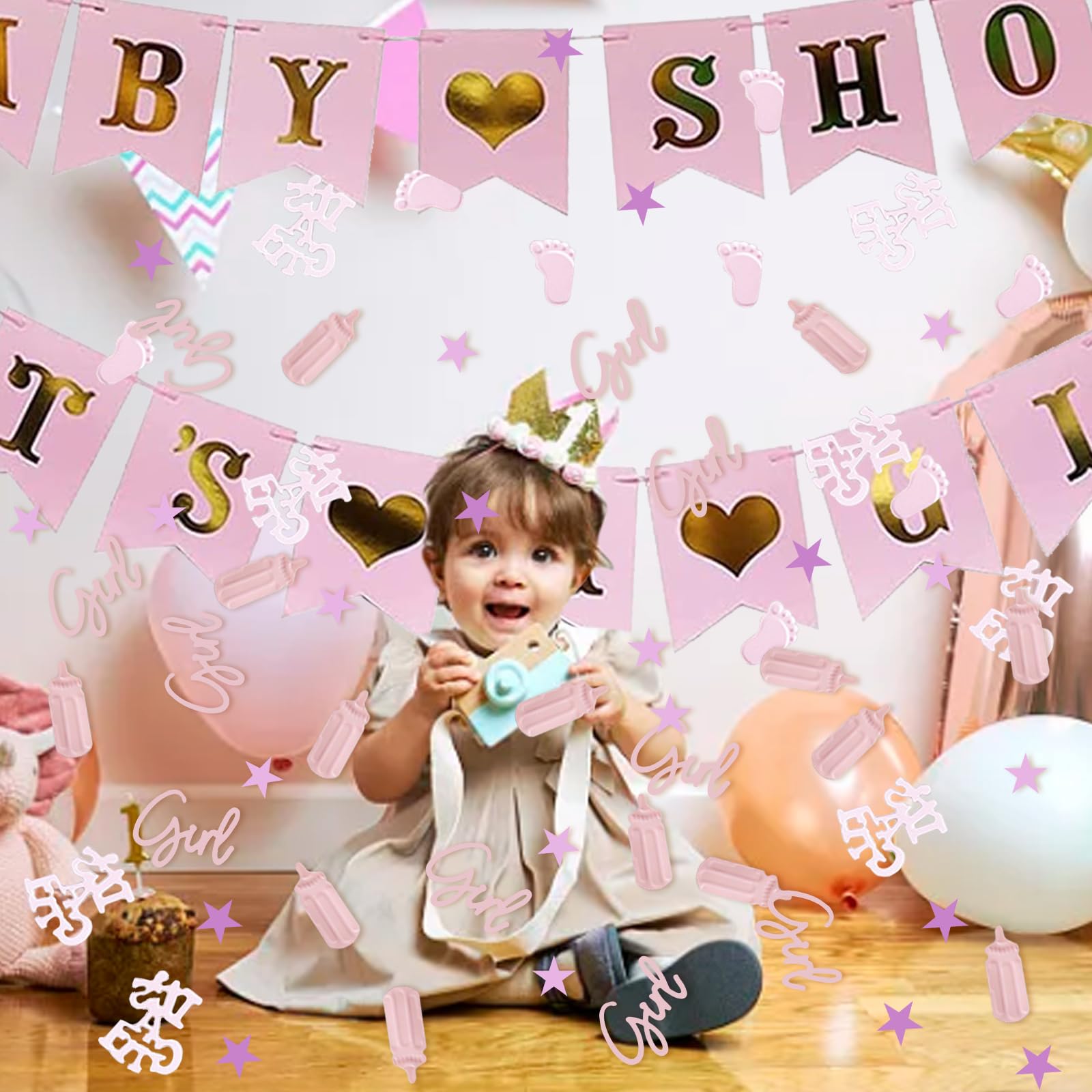 Decorazione Baby Shower 'It's A Girl' - Set Coriandoli E Striscione Rosa Per Feste - Foto 6