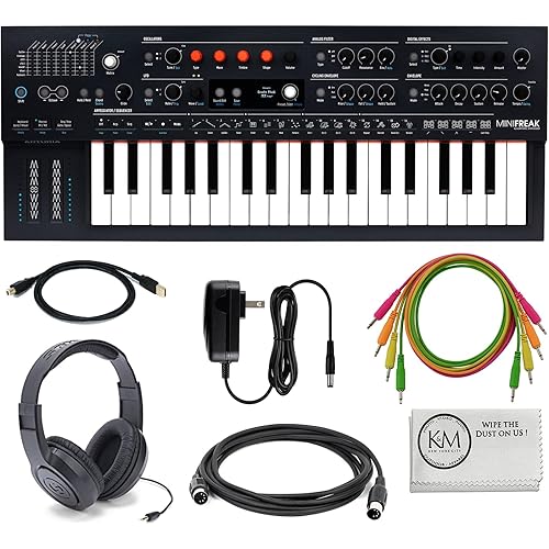 Arturia MiniFreak 6-Voice Spontaneous Algorithmic Synthesizer with 6ft MIDI Cable + Mono Patch Cables | 4PK + Over-Ear Headphones + Cloth (5 Items)