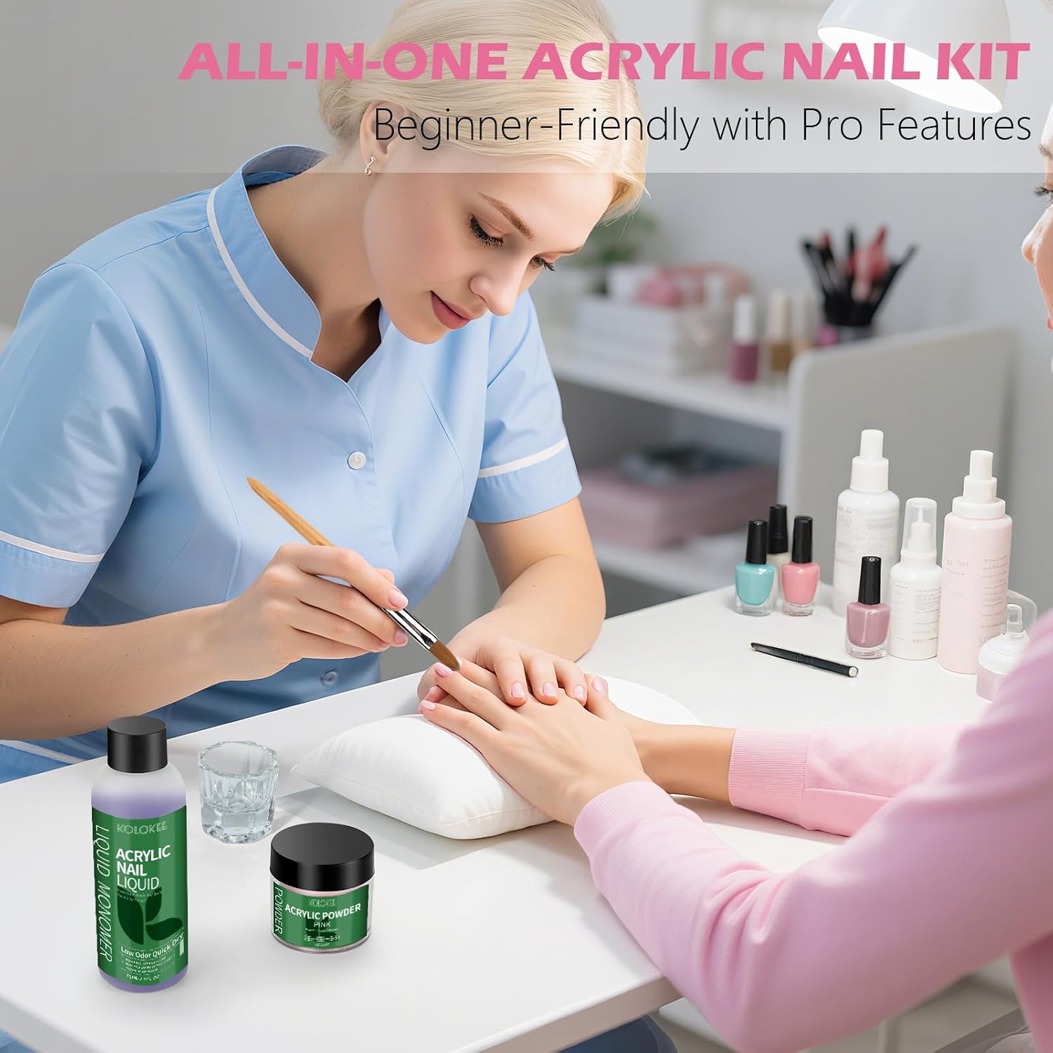 Acrylic Nail Kit- Salon Quality Pink Acrylic Powder and Liquid Set with Kolinsky Nail Brush for Home DIY Salon Nails Application