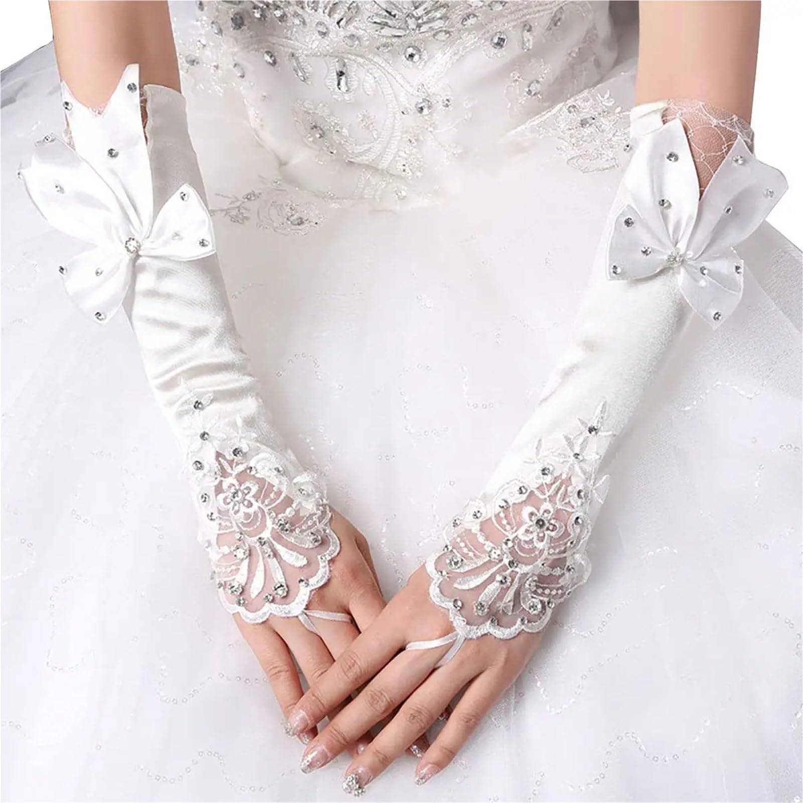 2 paia di guanti da sposa lunghi in raso donna senza dita, fiocco, fiore for accessorio