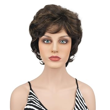 Wiginway Short Curly Wavy Synthetic Hairpiece Wigs with Bangs for Women Girls 6 inches 4TT27