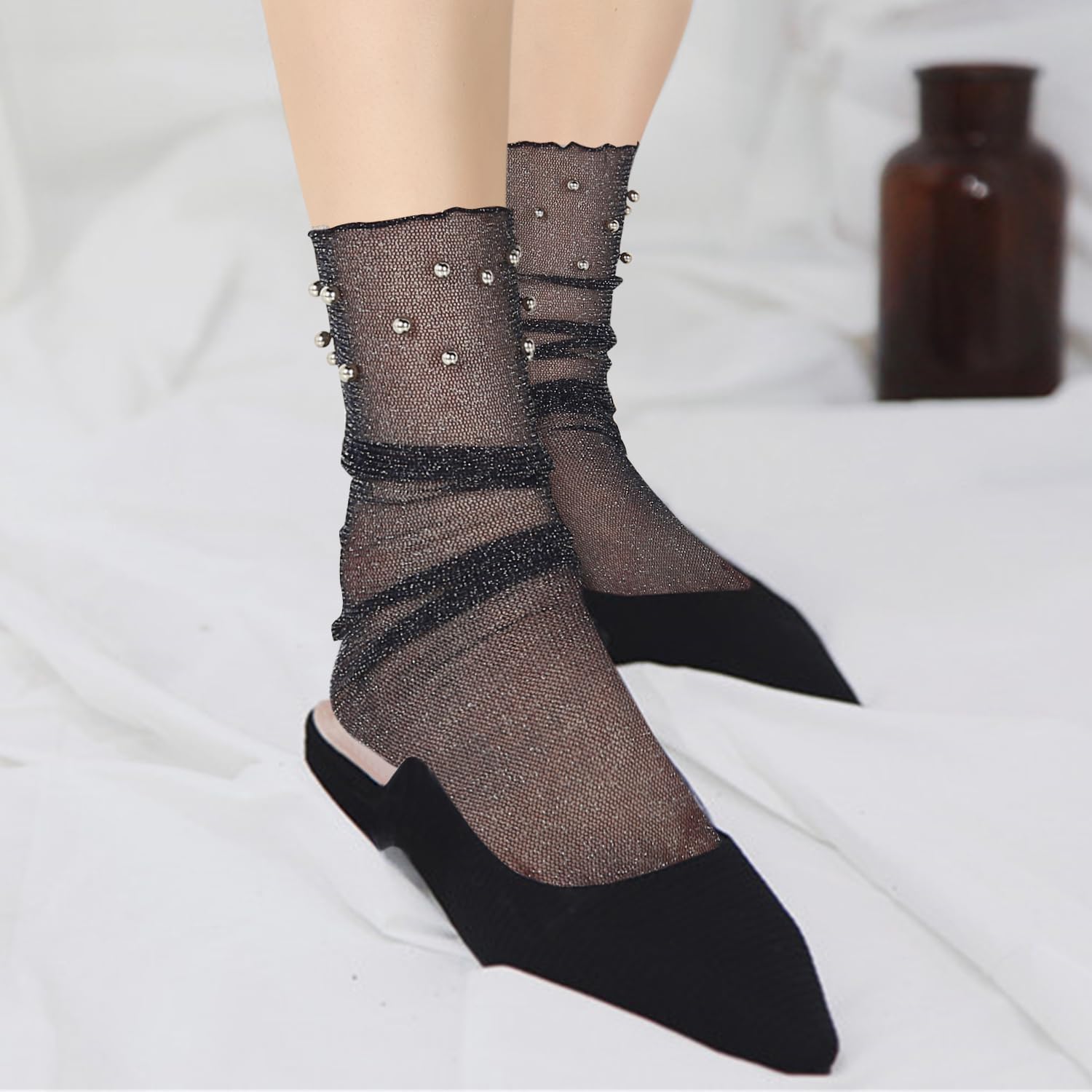 Benefeet Sheer Mesh Womens Girls Slouch Socks - See Through Transparent Loose Fancy Decorated Tulle Socks - Image 2