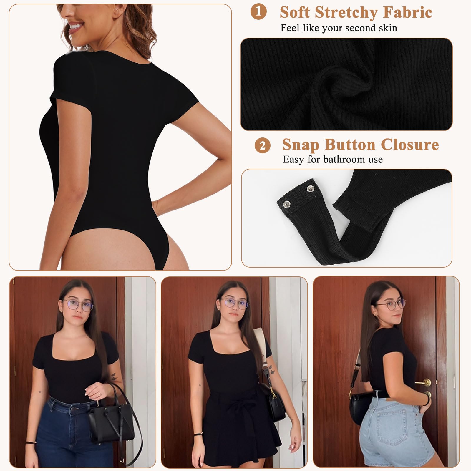 Joyshaper Body damskie body z krótkim rękawem, prostokątny dekolt, stringbody eleganckie, damskie body na lato, top