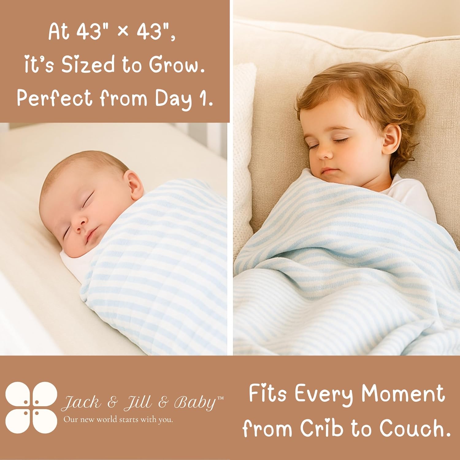 Jack & Jill & Baby Muslin Blanket – 6-Layer 100% Cotton (43" x 43") – Ultra-Soft, Breathable Baby Quilt for Newborns & Toddlers – Pink, Yellow, Blue – Swaddle, Stroller, Tummy Time (Baby Yellow)