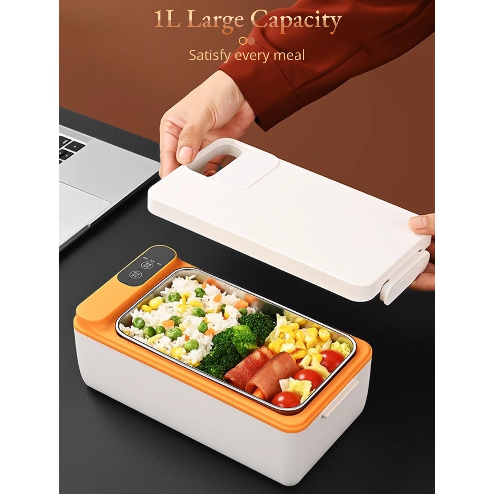 Portapranzo portatile autoriscaldante, 1 l, senza fili, elettrico, 12000 mAh, ricaricabile, con struttura in acciaio inox 304, per auto, ufficio, viaggi, picnic, all'aperto, giallo