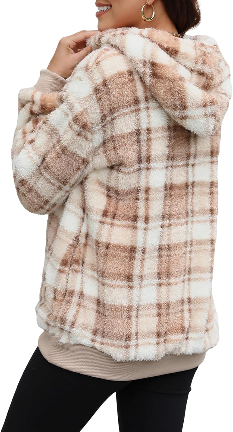 Nirovien Womens Sherpa Pullover Oversized Fuzzy Hoodie Double Fleece Sweatshirts Fluffy Plaid Outerwear Warm Coats - Image 4