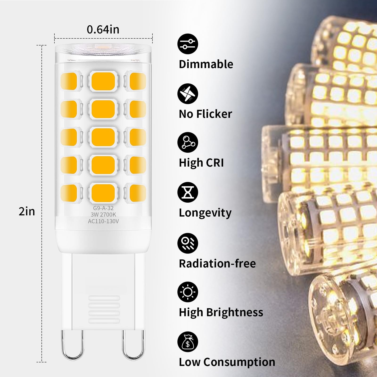 Bombilla LED G9 regulable de 3 W, T4 G9 4 W, repuesto para halógeno de 40 W, luz natural de 4000 K, iluminación de candelabro, CA 120 V sin parpadeo, paquete de 18