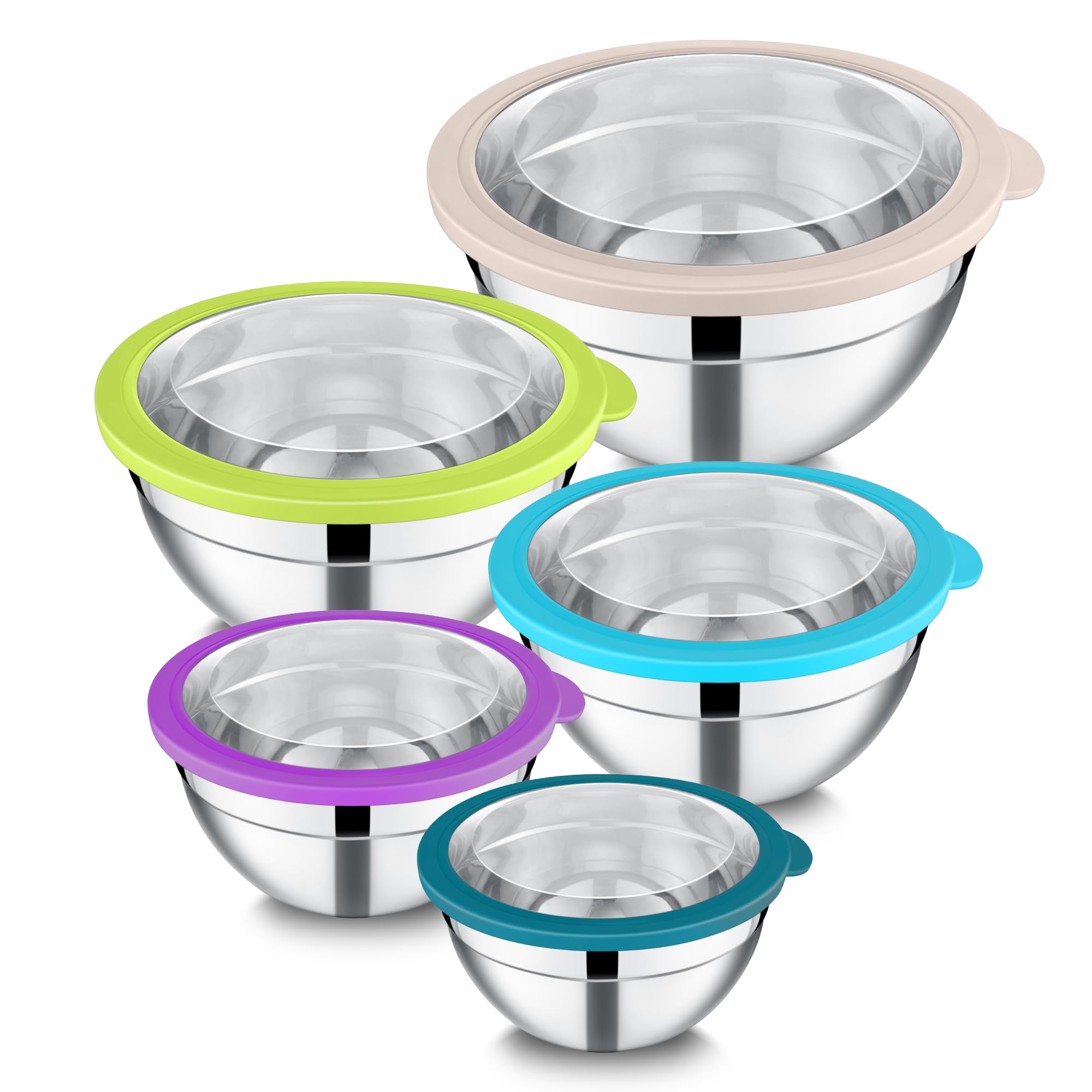 Joyfair Rührschüsseln, 5 Stück, Edelstahl, ineinander stapelbare Salatschüssel mit luftdichten, transparenten Deckeln, Metallschüssel-Set, ideal für Küche, Mischen, Backen, Servieren, Aufbewahren