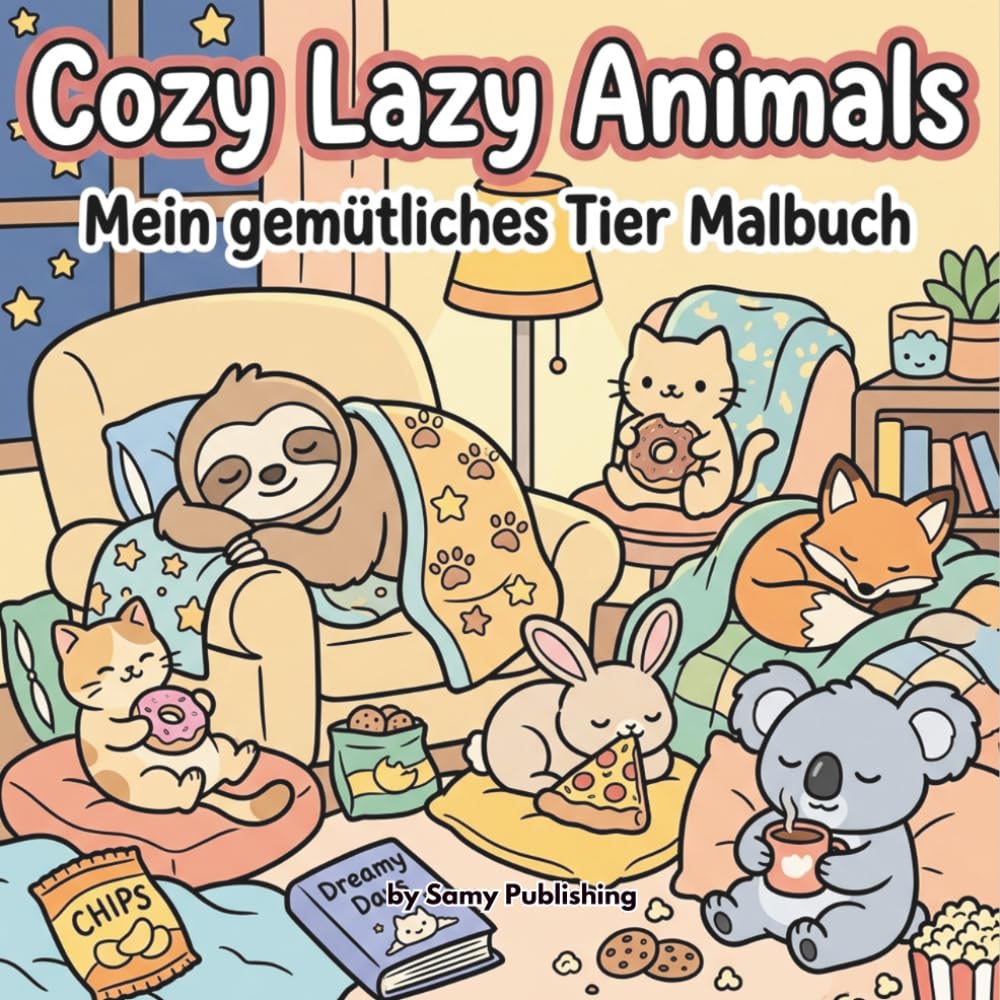 Cozy Lazy Animals – Mein gemütliches Tier Malbuch: 40 detailreiche Ausmalbilder mit süßen, faulen Tieren in kuscheligen und entspannten Alltagsszenen zum Abschalten für Jugendliche und Erwachsene