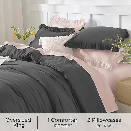 Miniatura 271 de Andency Juego de edredón beige tamaño King, 3 piezas estilo farmhouse shabby chic con volantes, ligero esponjoso suave de microfibra para todas