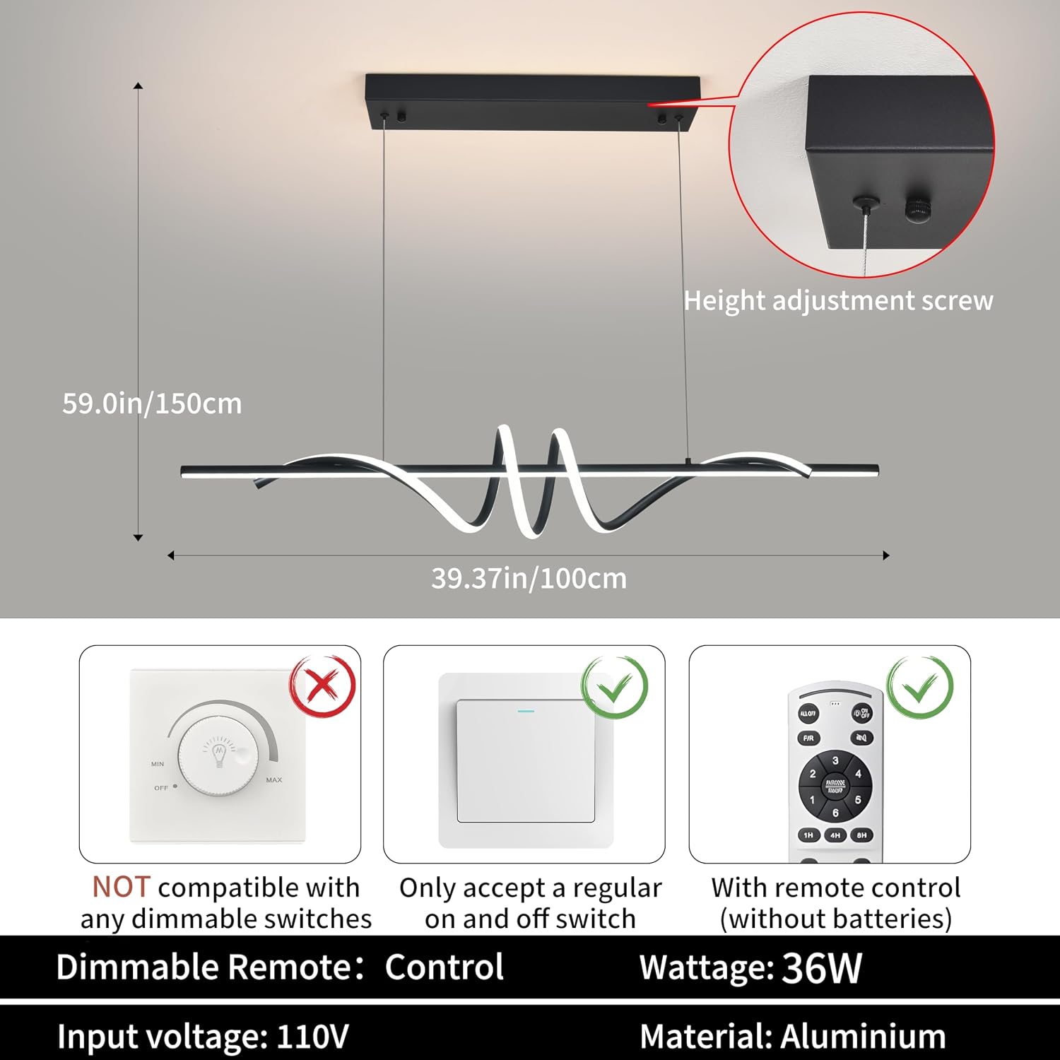 Modern LED Pendant Light, 39.37in Black Chandelier Dimmable with Remote & Phone Control,3000K-6000K Adjustable Color Temperature, Aluminum Modern Kitchen Light Fixture for Dining Room