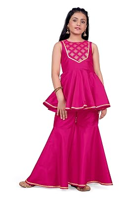 Jwalin Silk Blend Girl'S Taffeta Solid Pattern Peplum Top And Sharara Set/Salwar Suit Set(Pink_13-14 Year)