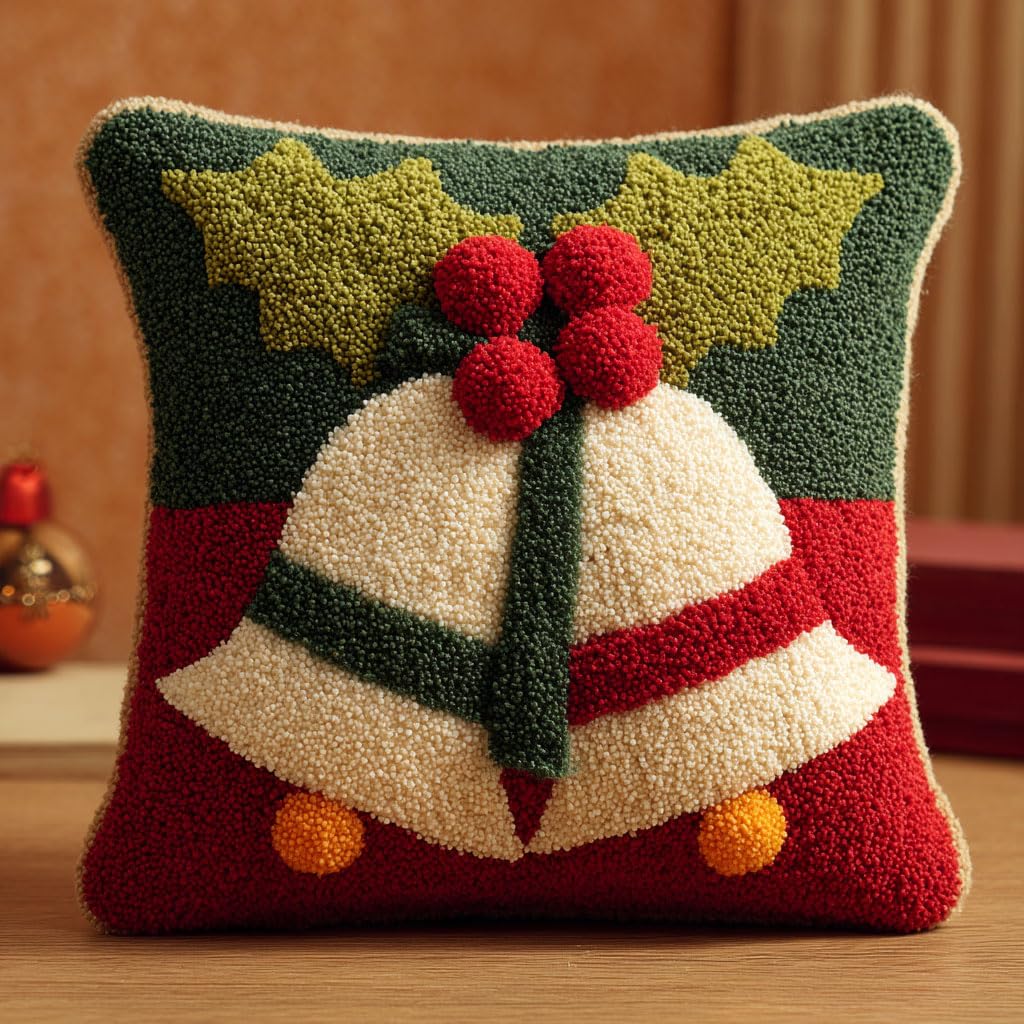 Henypt Latch Hook Pillow Case Kits, Christmas Bells Embroidery Kit DIY Pillow Cushion Cover Latch Hook Cushion Kits for Starters,17x17inch