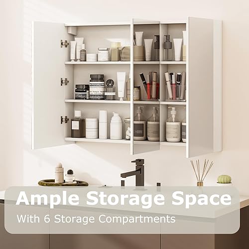 Vista 8 de Tangkula gabinete tipo botiquín con 3 puertas para pared de baño, 36 pulgadas de ancho