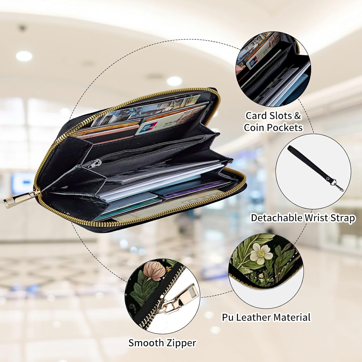 Womens Wallet, Large Capacity RFID Blocking PU Leather Wristlet Wallets for Women Ladies Men Credit Card Holder Zipper Wallet Phone Holder Clutch Travel Purse, Flowers Moon Star - Image 3