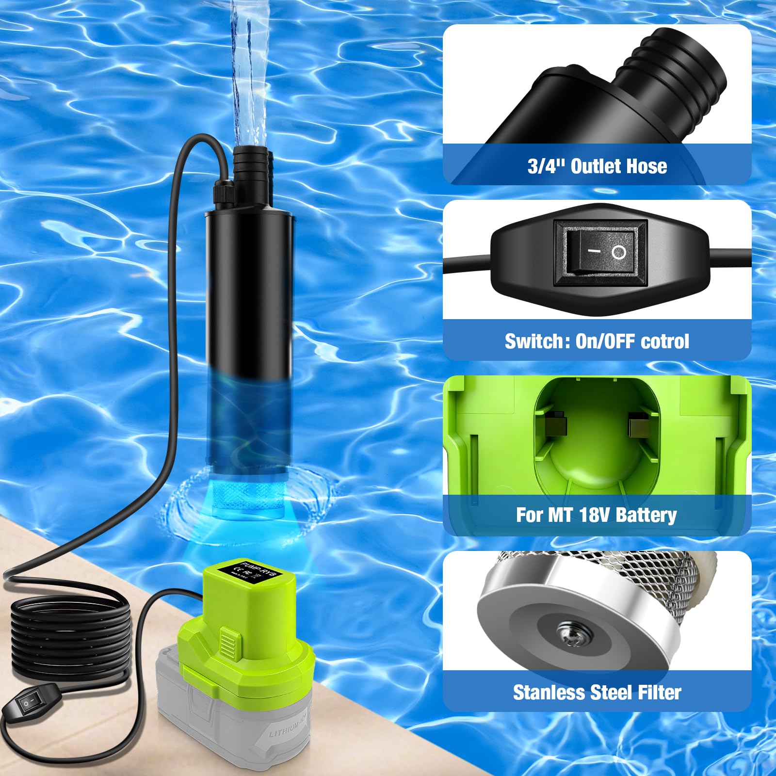 Pompe submersible pour eaux usées RYOBI - Batterie 18 V - Pompe à eau plate - Pompe d'aspiration - Pompe d'aspiration - Pompe de piscine - Gardena, cave, piscine, arrosage du jardin, mini pompe