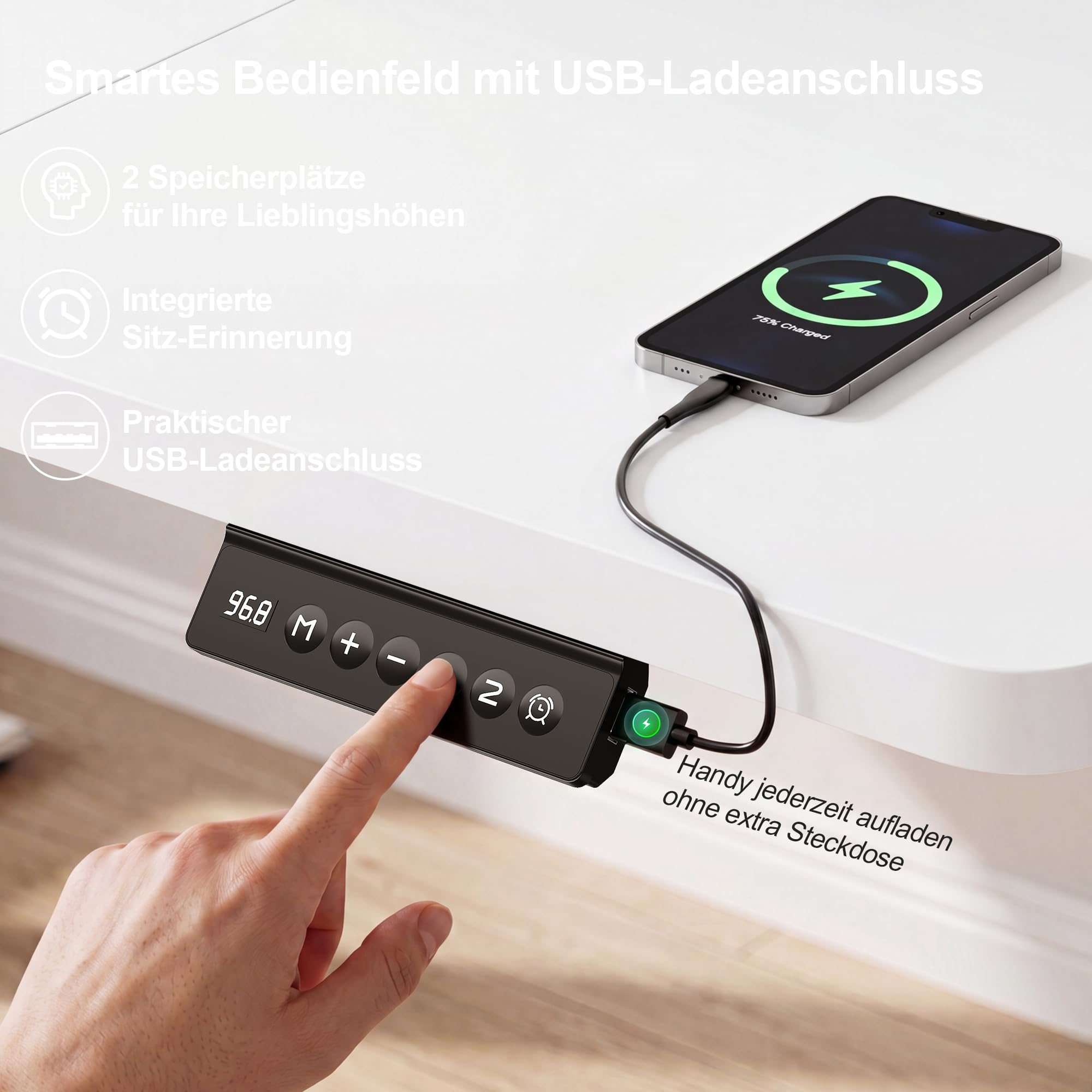JUMMICO 160x70cm Höhenverstellbarer Schreibtisch, USB-Anschluss, 2 Höhen Memory-Funktion, Anti-Kollisions, Erinnerungsfunktion