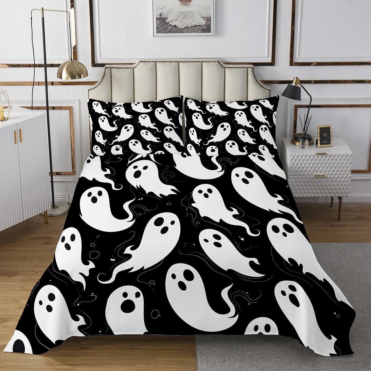 jejeloiu Halloween Theme Bedspread Twin Size Kids Cute Ghost Coverlet Set for Boys Girls Kawaii Cartoon Quilted Coverlet Room Decor