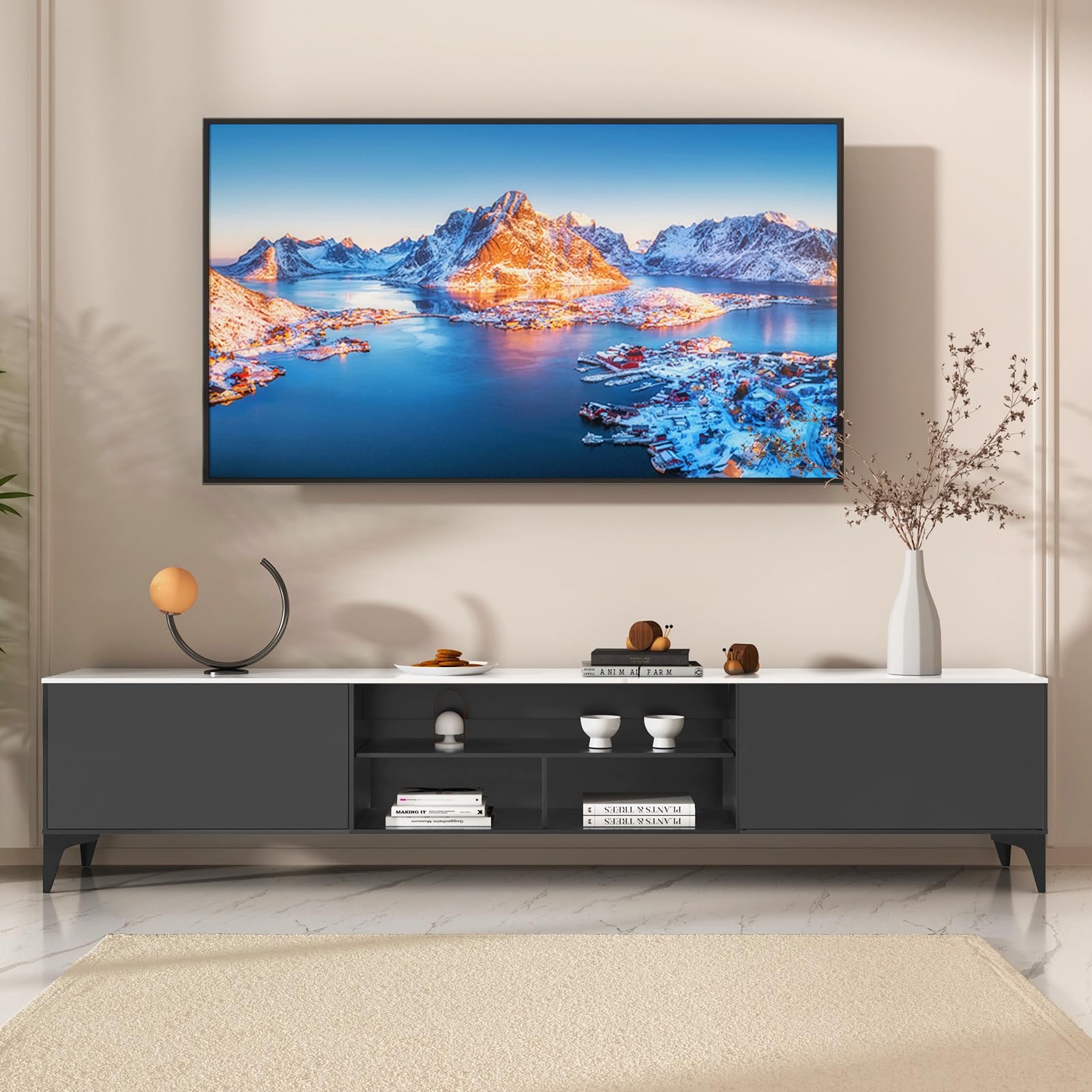 TV-Ständer, moderner TV-Ständer mit Stauraum für 60-75 Zoll Fernseher, Entertainment Center mit 2 Schubladen und offenen Regalen, TV-Konsole für Wohnzimmer, Schlafzimmer, Media-Einheit mit