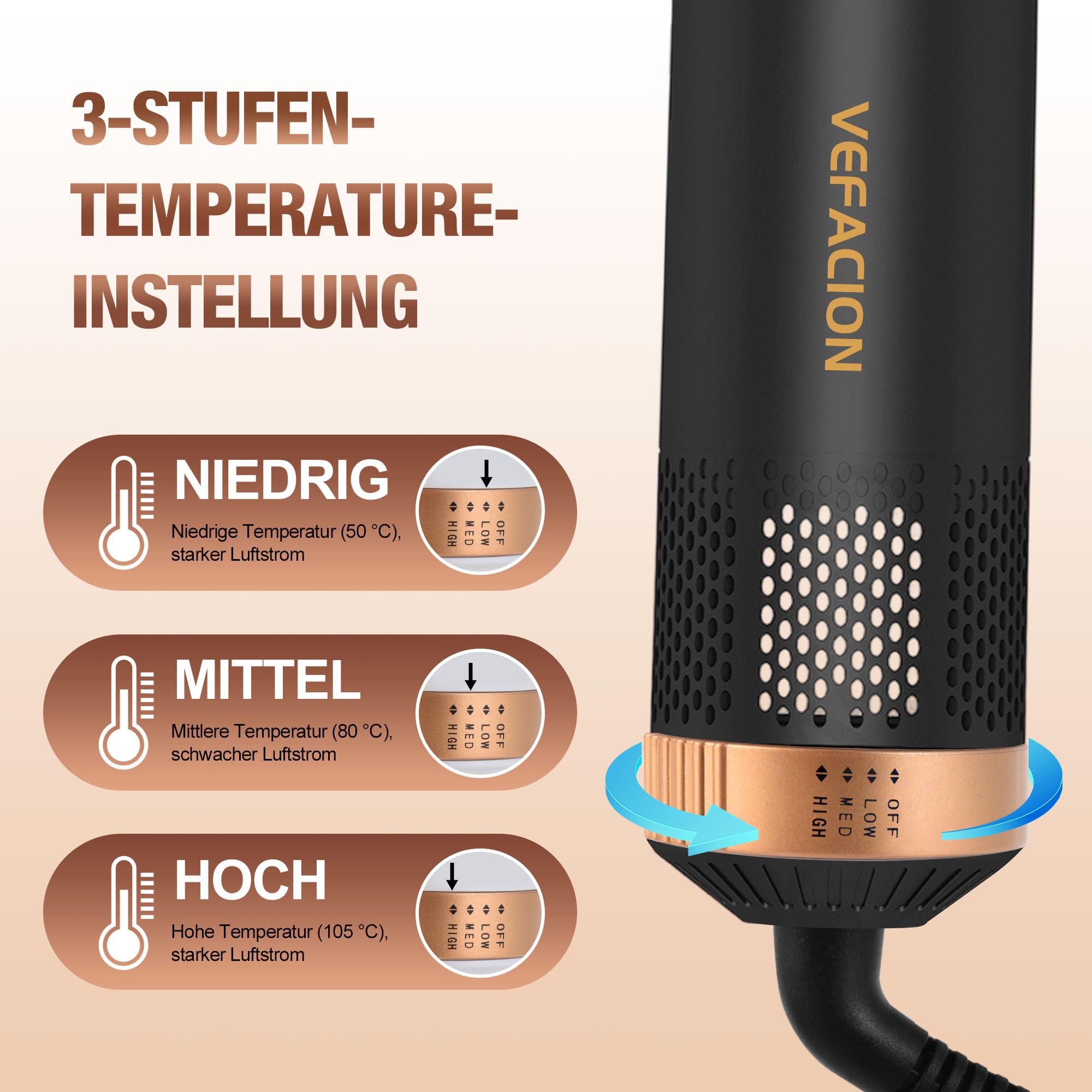 Zestaw 5 w 1 Airstyler | szczotka rotacyjna suszarka do włosów z 3 poziomami temperatury i funkcją jonizacji | do loków, prostowania, objętości i szybkiego suszenia