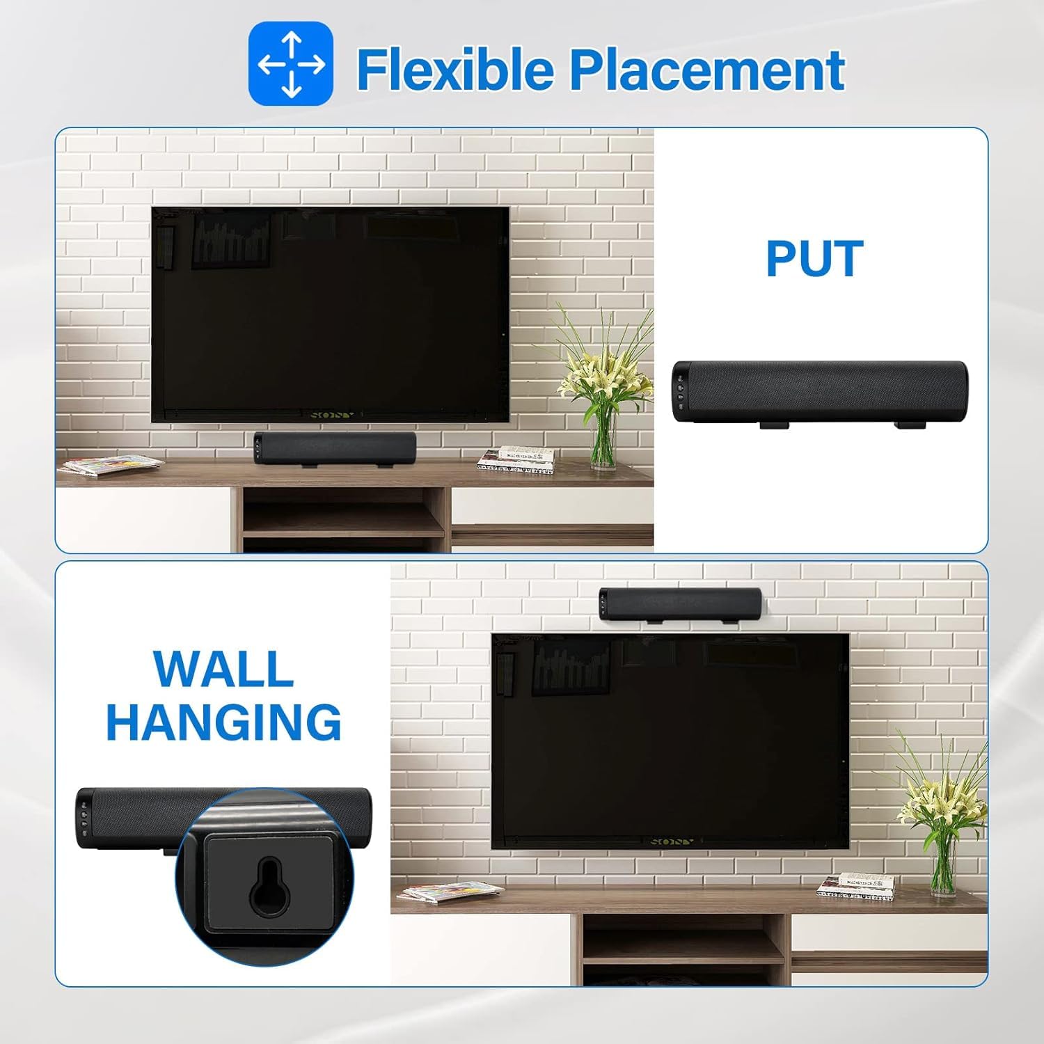 Soundbar do telewizora 40.6 cm, Cinematic TV Bluetooth Sound Bar z imponującym basem z pilotem zdalnego sterowania, montowany na ścianie, soundbar współpracuje z tradycyjnym lub Smart TV, komputerem