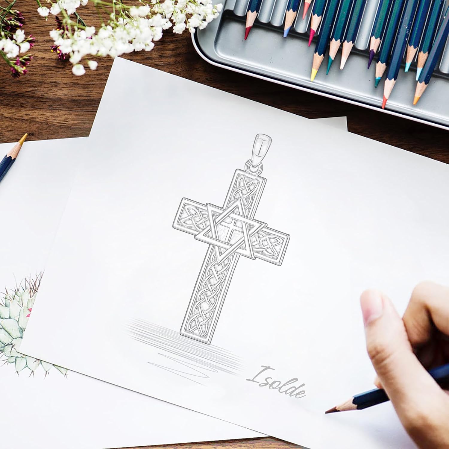 Vito Cross Necklace for Women Men, Copper Rhodium Plated Celtic Cross Star of David Pendant Deer Antler Fishing Original Jewelry Gift, 22"+2" - Image 9