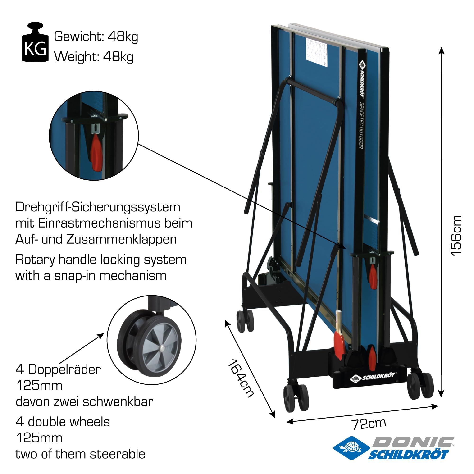 Schildkröt Tischtennisplatte Space Tec Outdoor, Outdoor Kompakttisch, wetterfeste 4mm Melaminharzplatte, Blaue Oberfläche, schwarzes Untergestell, klappbar und durch Räder leicht fahrbar