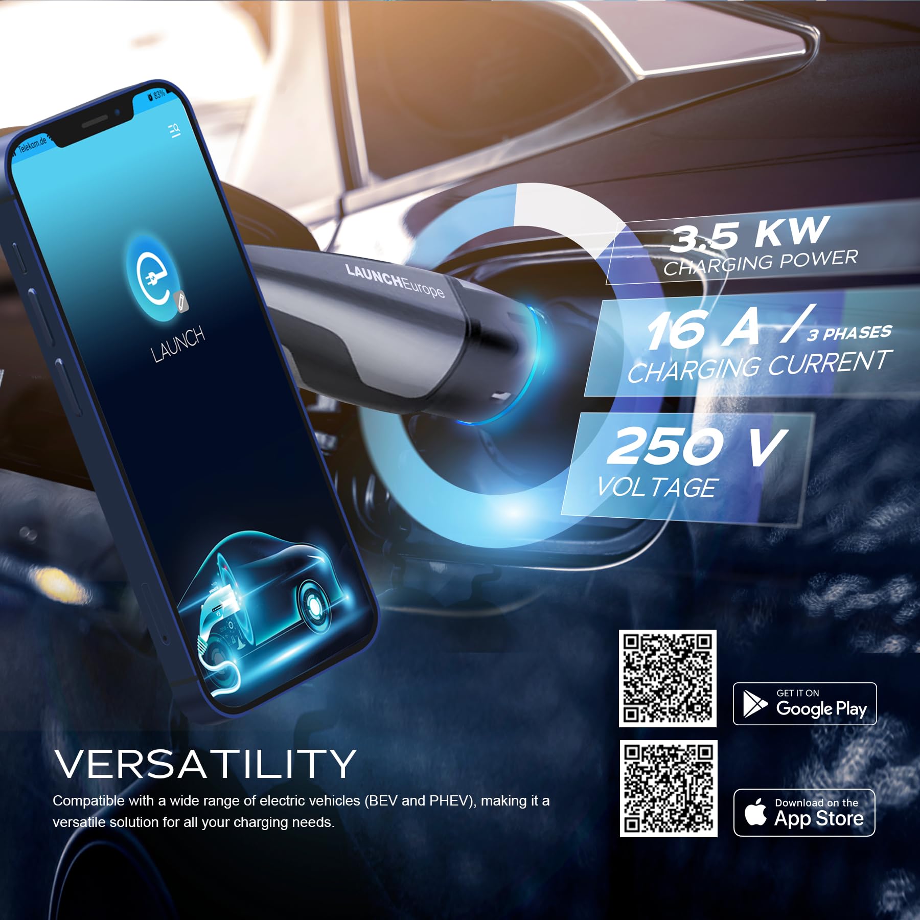 LAUNCH Europe Mobile Wallbox 3,5 kW [1-phasig | 7 m | 6–16 A] mit App-Steuerung & Typ-2-Schutz, Tragbare EV Ladestation CEE Schuko für Model Y/3, ID.3/4/5, ZOE, e-tron und andere PHEV/EV