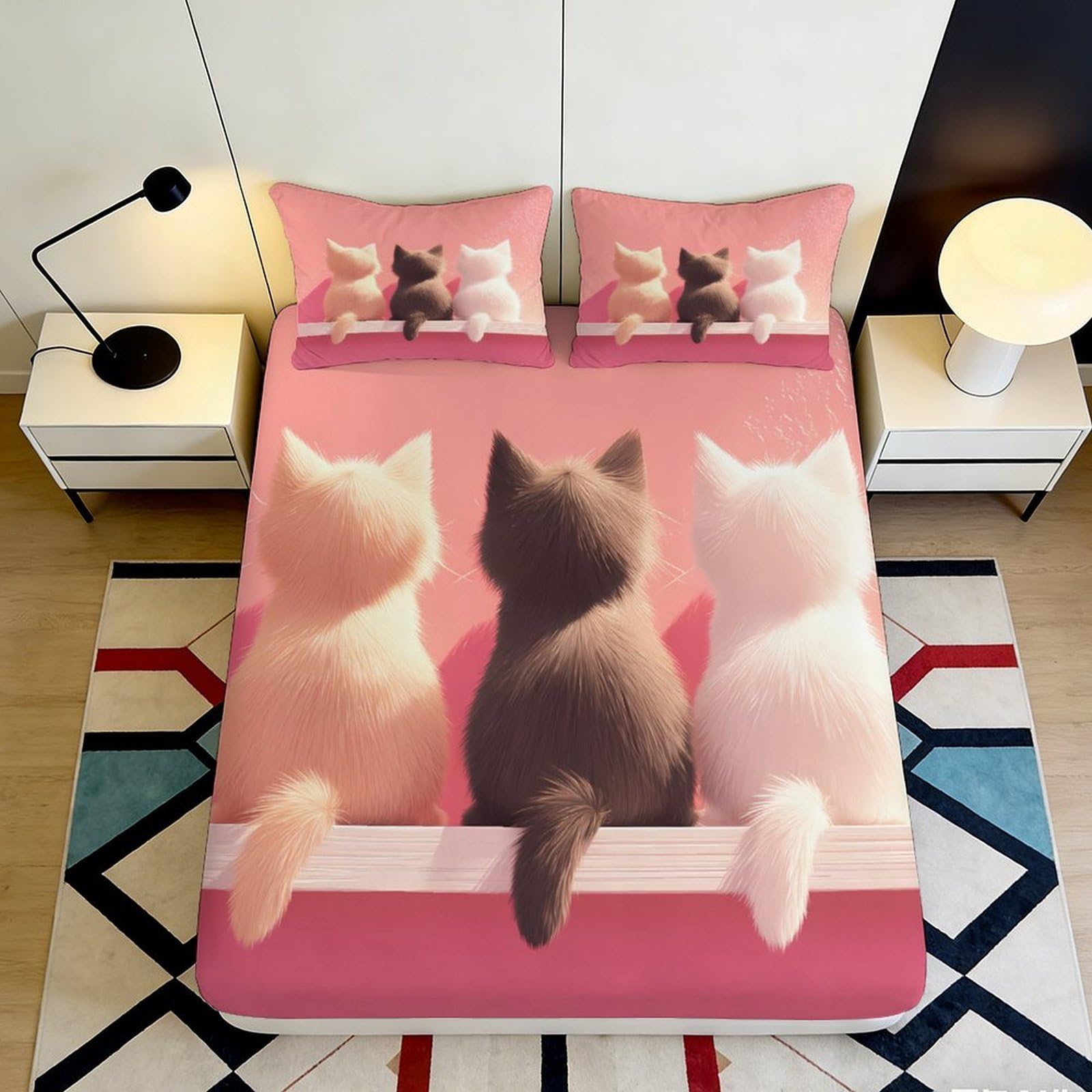 3D Printed Cat Pattern Fitted Sheet Microfiber Deep Pocket Bedroom Bedding Cat Mattress Fitted Cover for Adults Teens 90x200x25cm