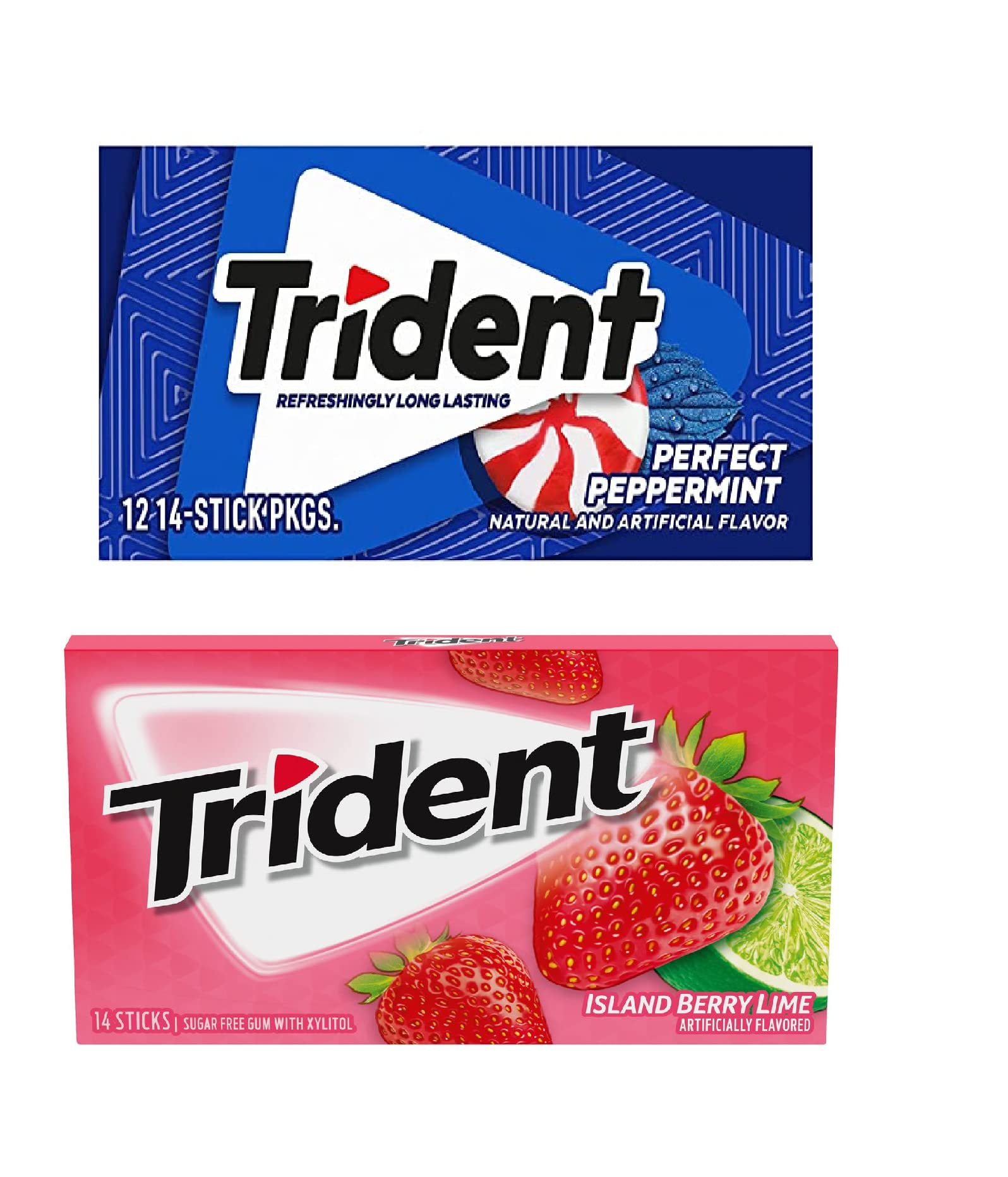 Trident Sugar Free Chewing Gum Perfect Peppermint Flavor, 14 Sticks, 26 g And Strawberry Flavor, 14 Sticks, 26 g