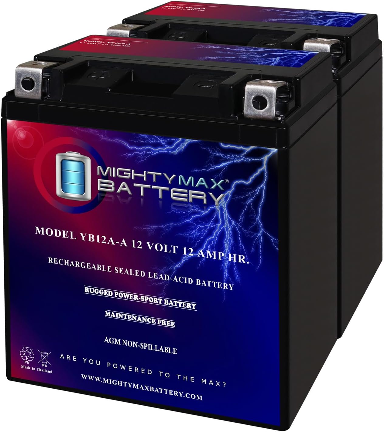 Mighty Max Battery YB12A-A -12 Volt 12 AH, 165 CCA, Rechargeable Maintenance Free SLA AGM Motorcycle Battery - Pack of 2