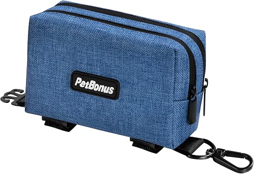 PetBonus Dog Poop Bag Holder, Portable Pet Waste Bag Dispenser, 2 Pouches for Treats and Walking Accessories, Fit All Leashes, Includes 1 Roll of Dog Poop Bags Blue