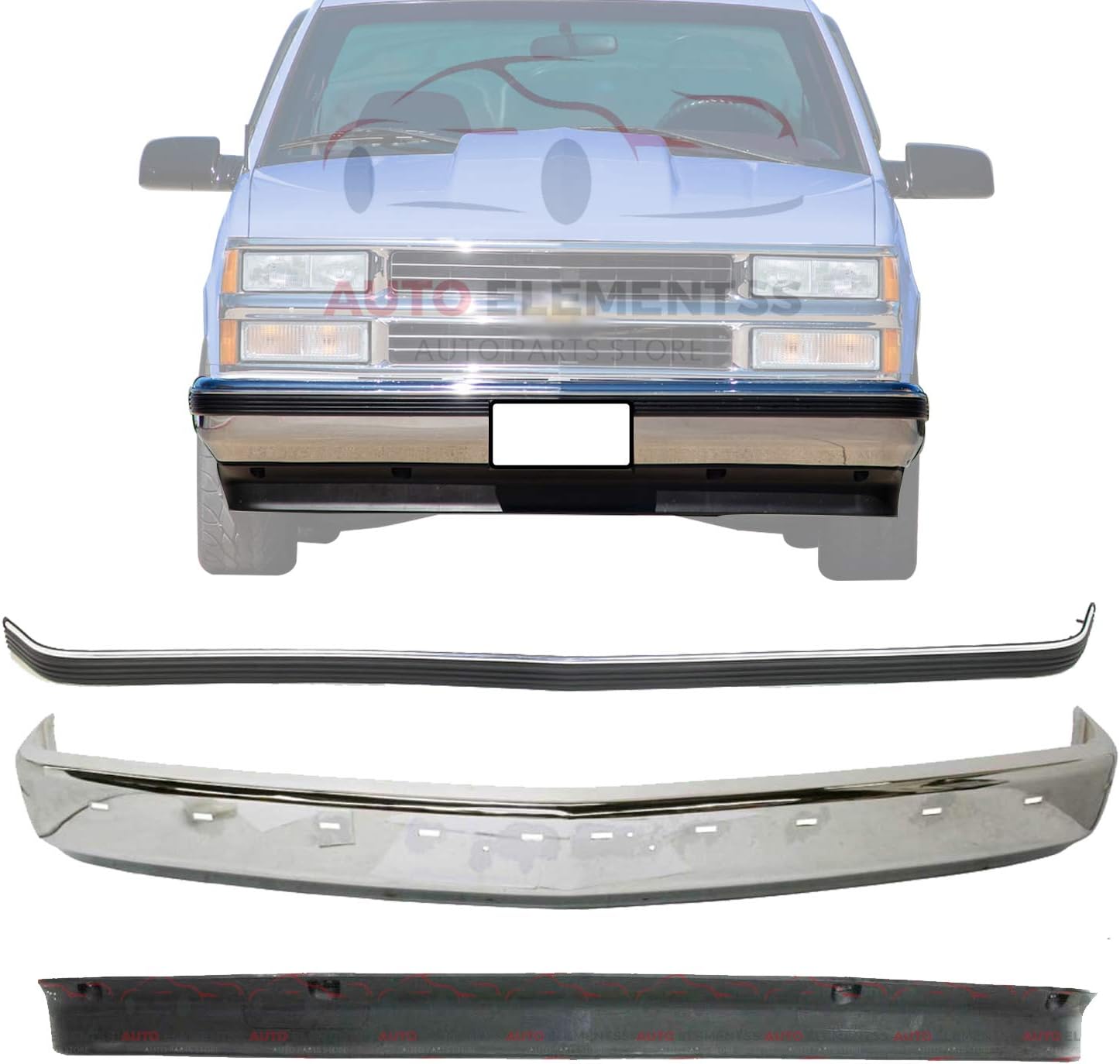 Front Bumper Face Bar Chrome + Lower Valance Air Deflector Primed + Molding For 1988-2000 Chevrolet & GMC C/K Series Direct Replacement 15574111 15569428 15574113
