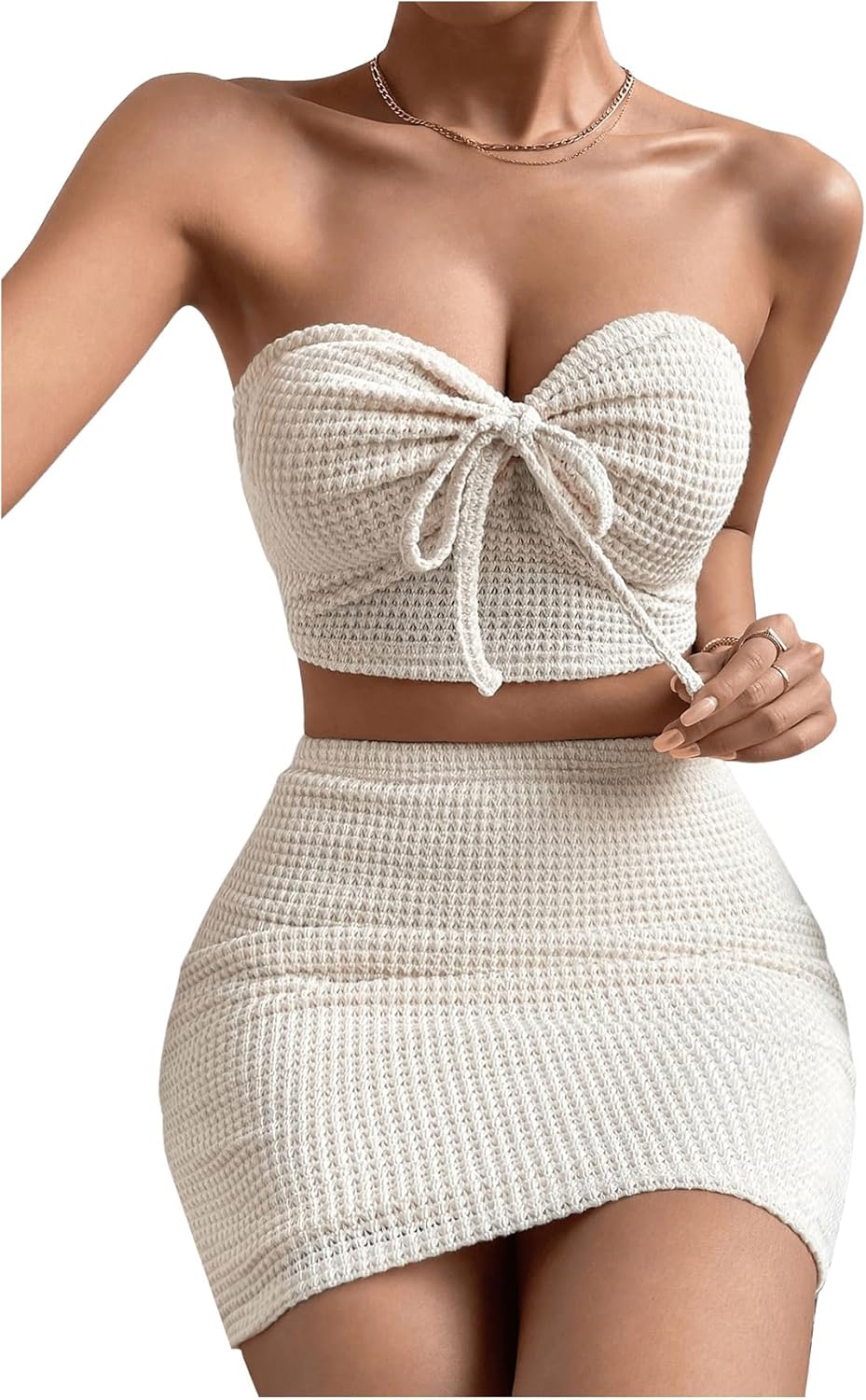 SHENHE Women's 2 Piece Waffle Knit Tie Crop Tube Top And Bodycon Skirt Sexy Outfits Set - Image 3