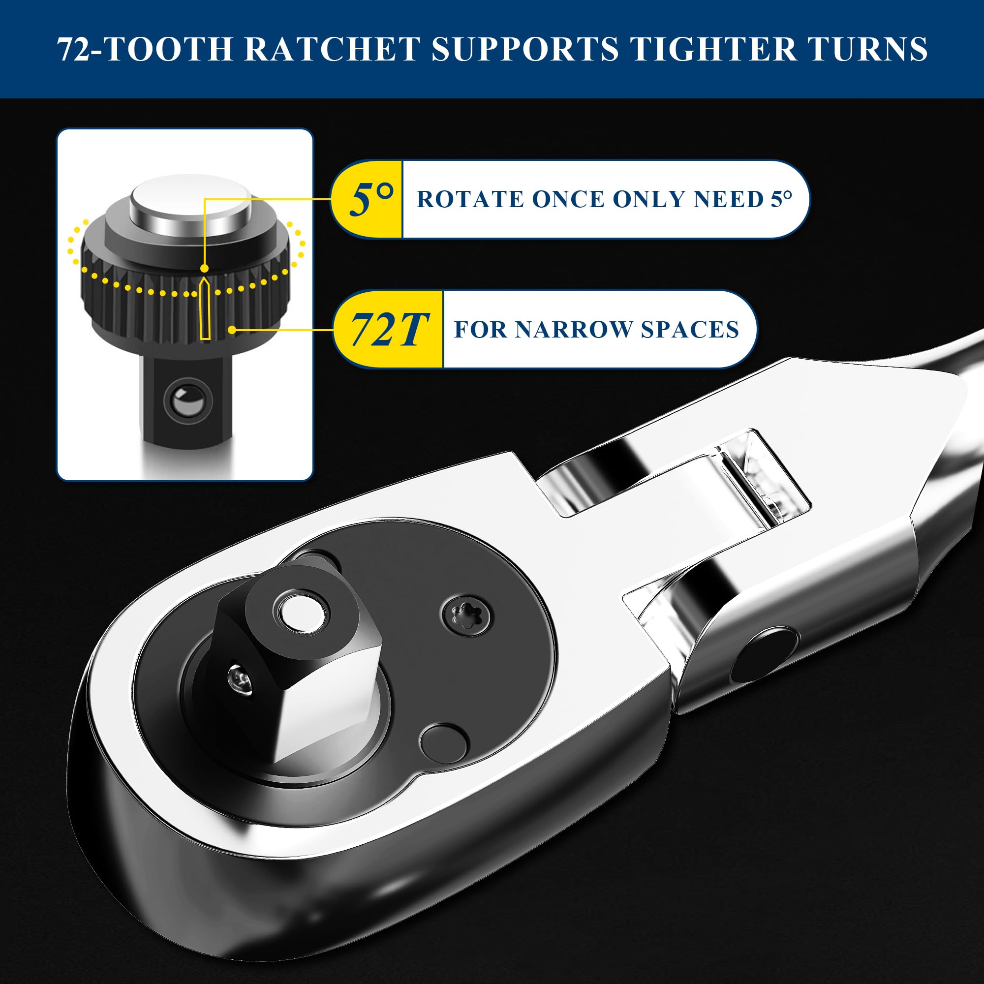 PRIDE&CRAFT 6-Piece Flex Head Ratchet Set, 1/4", 3/8", 1/2" Drive 72-Tooth Swivel Head Ratchet Wrench with Extension Bars - Image 3