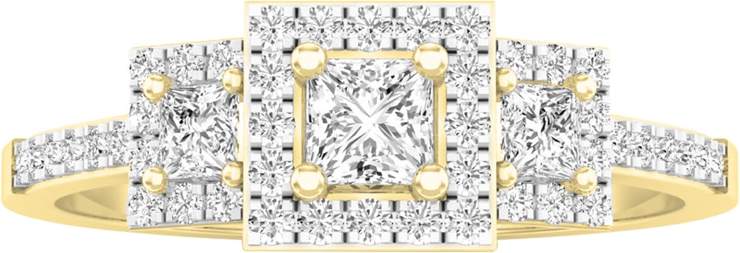 0.41 Cttw Princess & Round Lab Grown White Diamond 3 Stone Halo Filigree Vintage Bridal Engagement Ring for Her in 10K Solid Gold