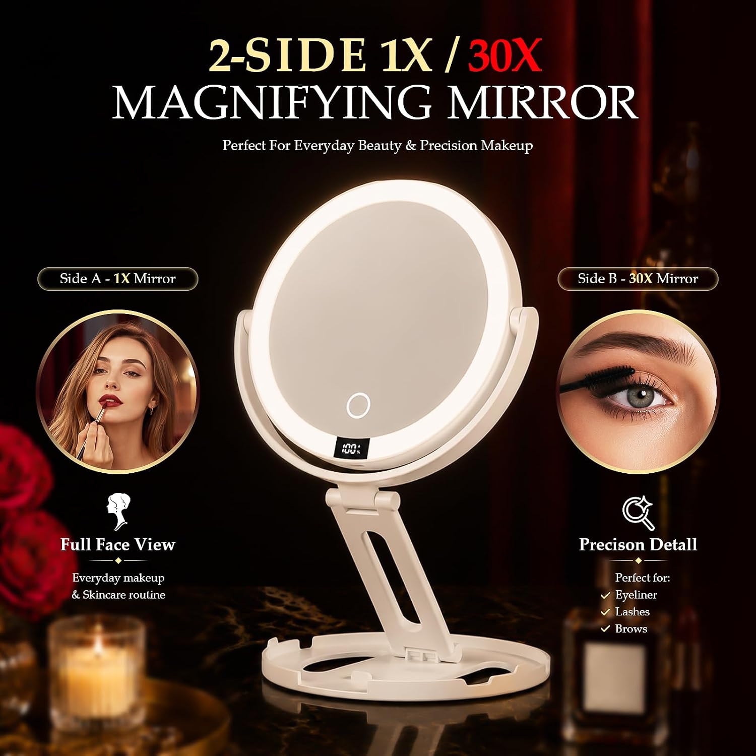 Travel Makeup Mirror with Lights, 1X/30X Double-Sided Magnifying Mirror